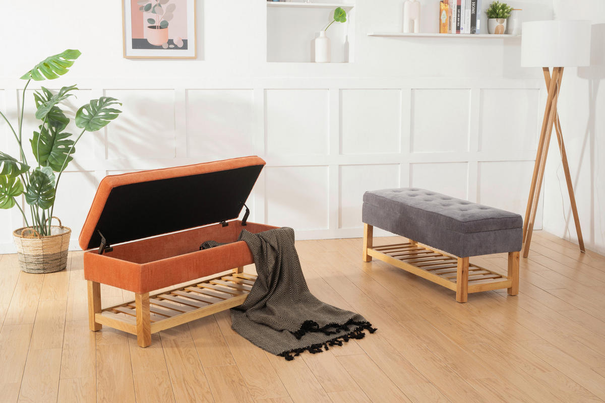 HOCKERBANK 110/49/43 cm Webstoff Orange, Naturfarben Kiefer, Kautschukholz massiv, Sperrholz  - Naturfarben/Orange, Design, Holz/Textil (110/49/43cm) - MID.YOU