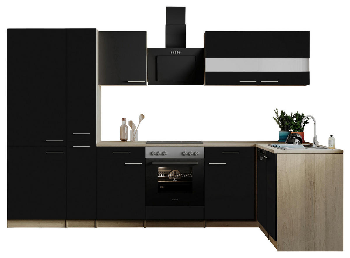 ECKKÜCHE  in Schwarz  - Edelstahlfarben/Eichefarben, Basics, Holzwerkstoff/Metall (310cm) - Respekta