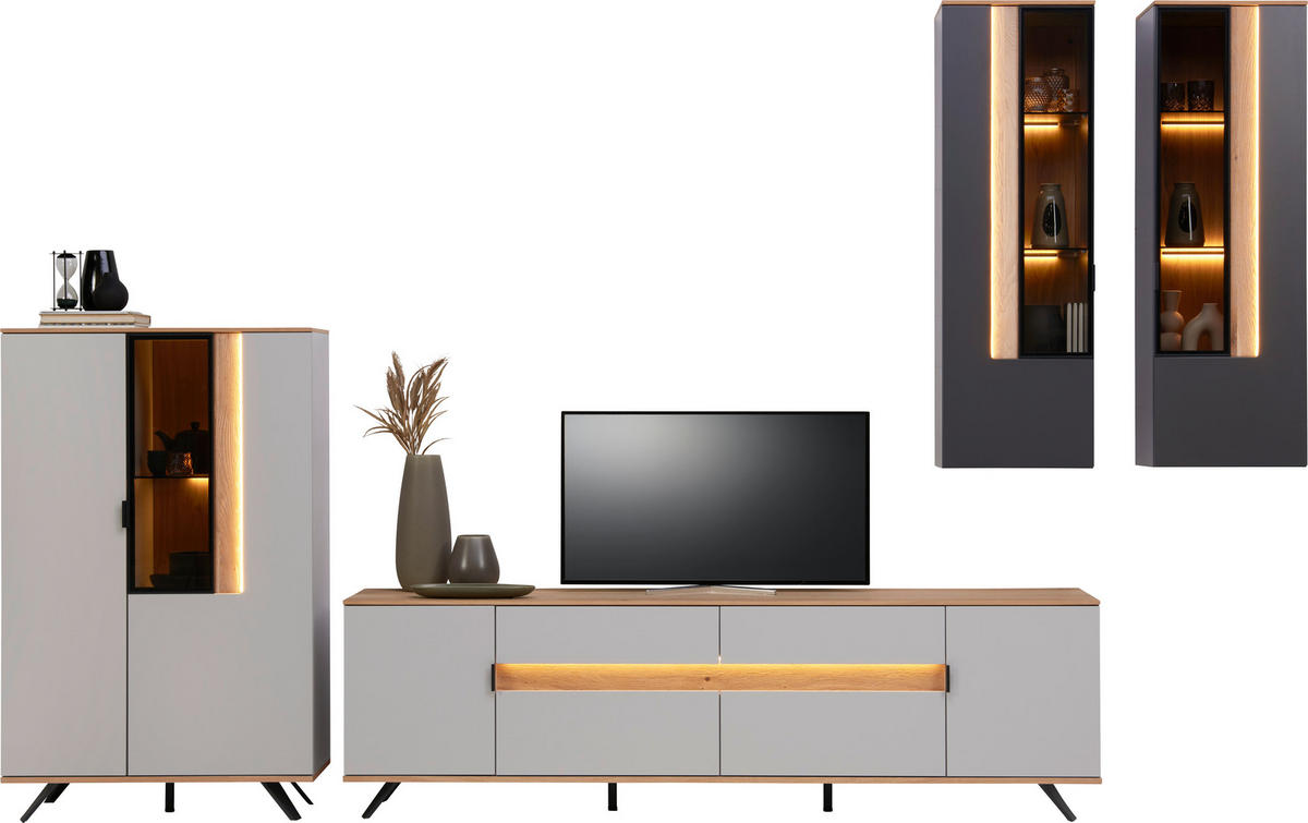 WOHNWAND 4-teilig  Anthrazit, Eichefarben, Hellgrau    - Eichefarben/Anthrazit, Design, Glas/Holz (384,4/206/48cm) - Dieter Knoll