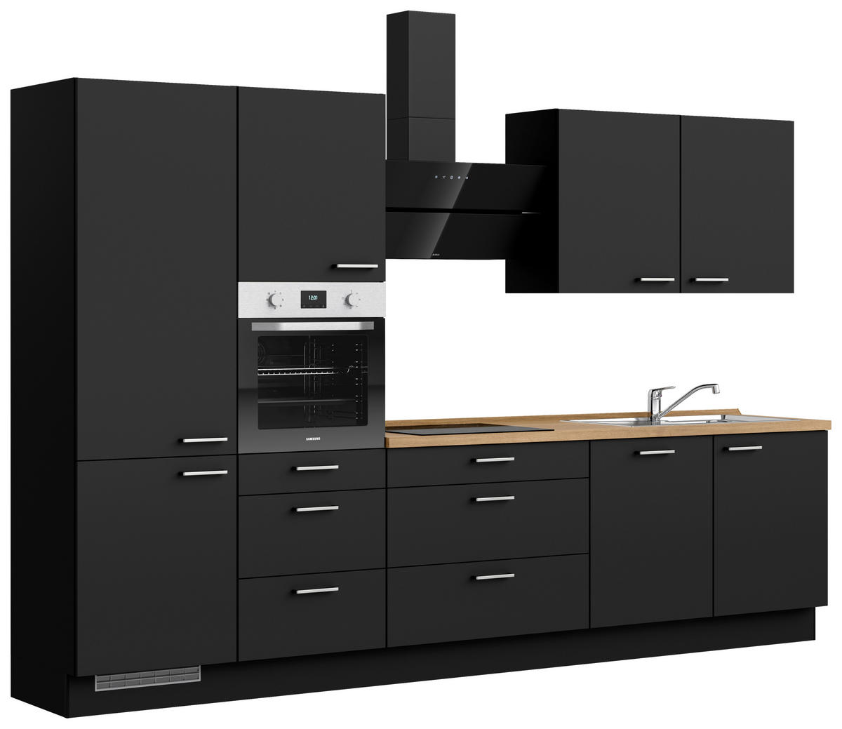KÜCHENBLOCK 330 cm   in Schwarz, Eichefarben  - Edelstahlfarben/Eichefarben, MODERN, Holzwerkstoff/Metall (330cm) - Nobilia
