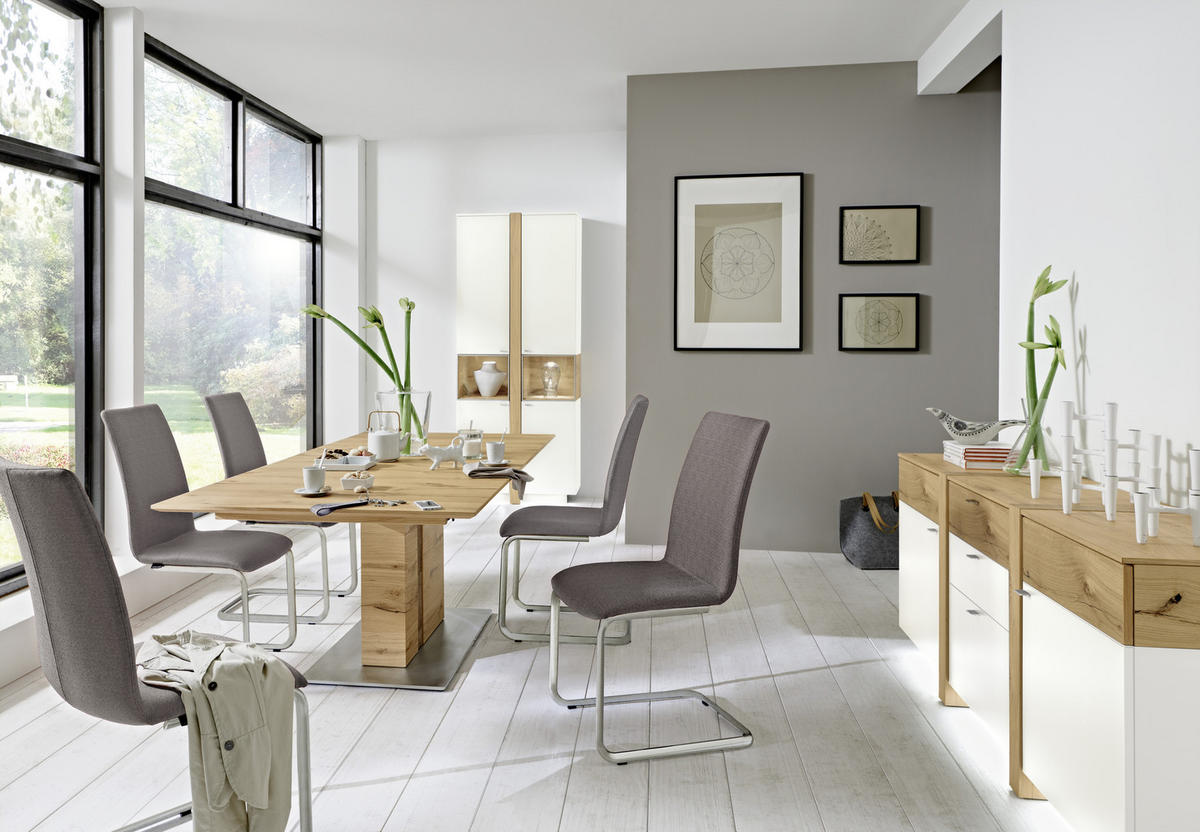 HIGHBOARD  in 128/146/43 cm  - Edelstahlfarben/Eichefarben, Design, Glas/Holz (128/146/43cm) - Venjakob