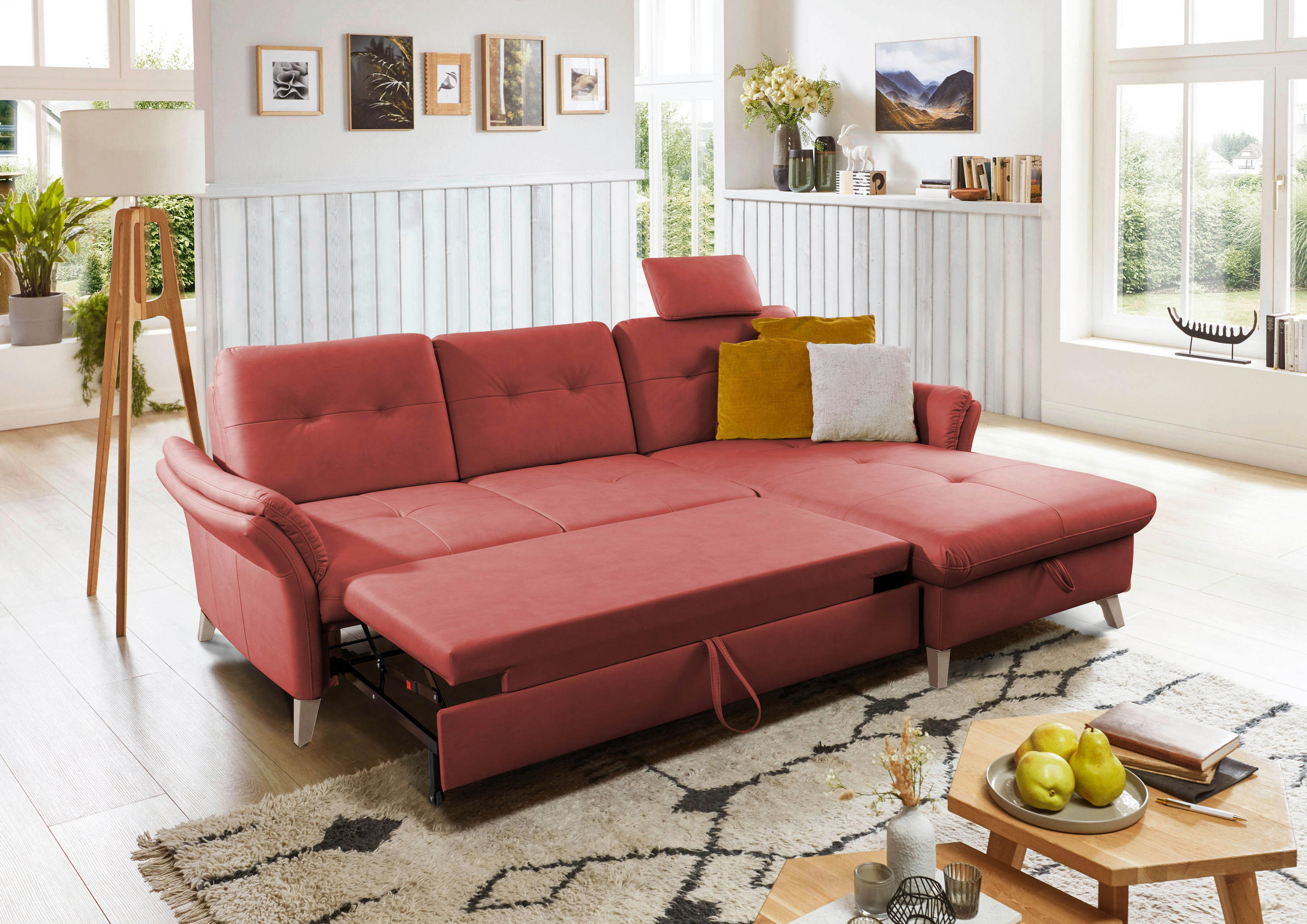 ECKSOFA Rot Lederlook (vegan)  - Eichefarben/Rot, Design, Holz/Textil (268/176cm) - Livetastic