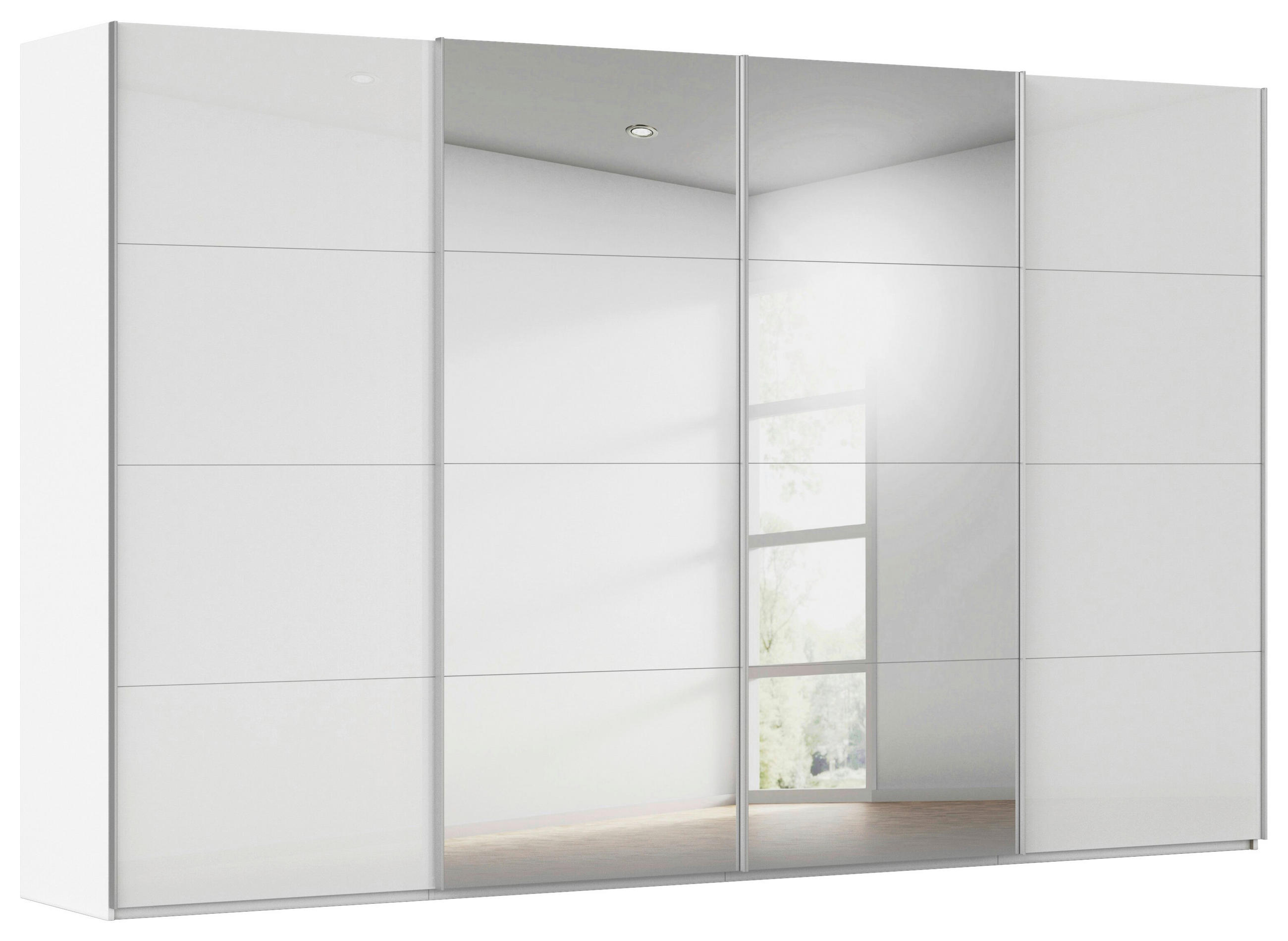SCHWEBETÜRENSCHRANK 360/236/68 cm 4-türig Weiß, Weiß Hochglanz  - Weiß Hochglanz/Alufarben, Basics, Glas/Holzwerkstoff (360/236/68cm) - Novel