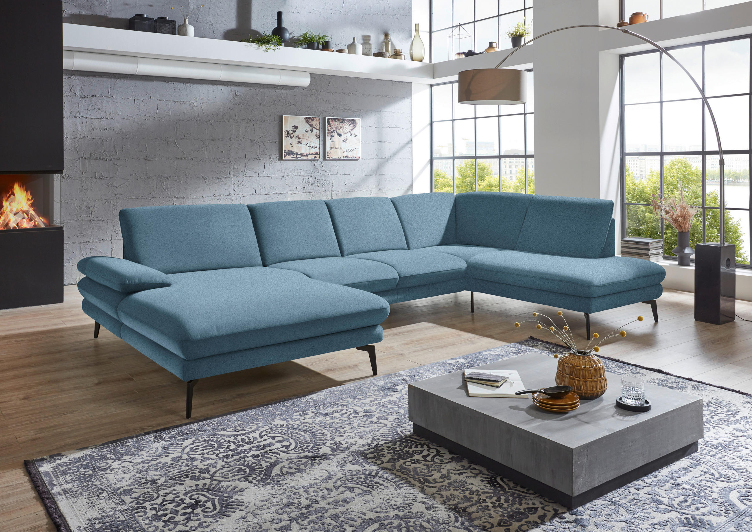 WOHNLANDSCHAFT in Webstoff Blau  - Blau/Schwarz, Design, Textil/Metall (180/344/208cm) - Dieter Knoll