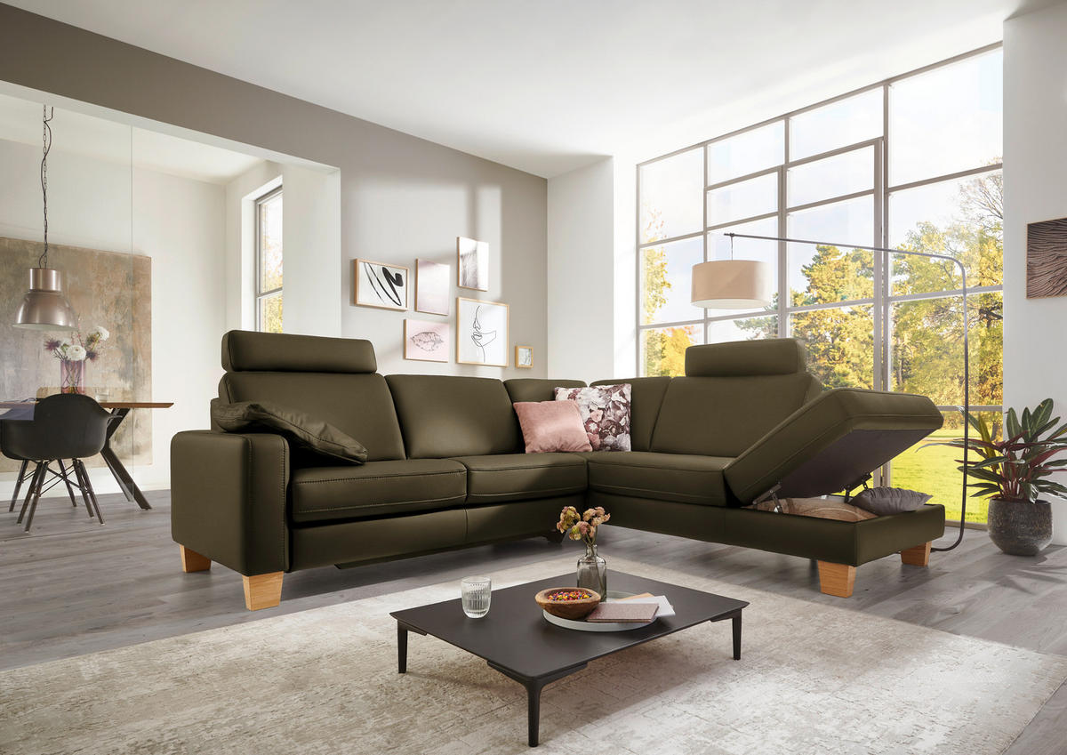 ECKSOFA in Echtleder Olivgrün  - Eiche Bianco/Olivgrün, Konventionell, Leder/Holz (257/235cm) - Valdera