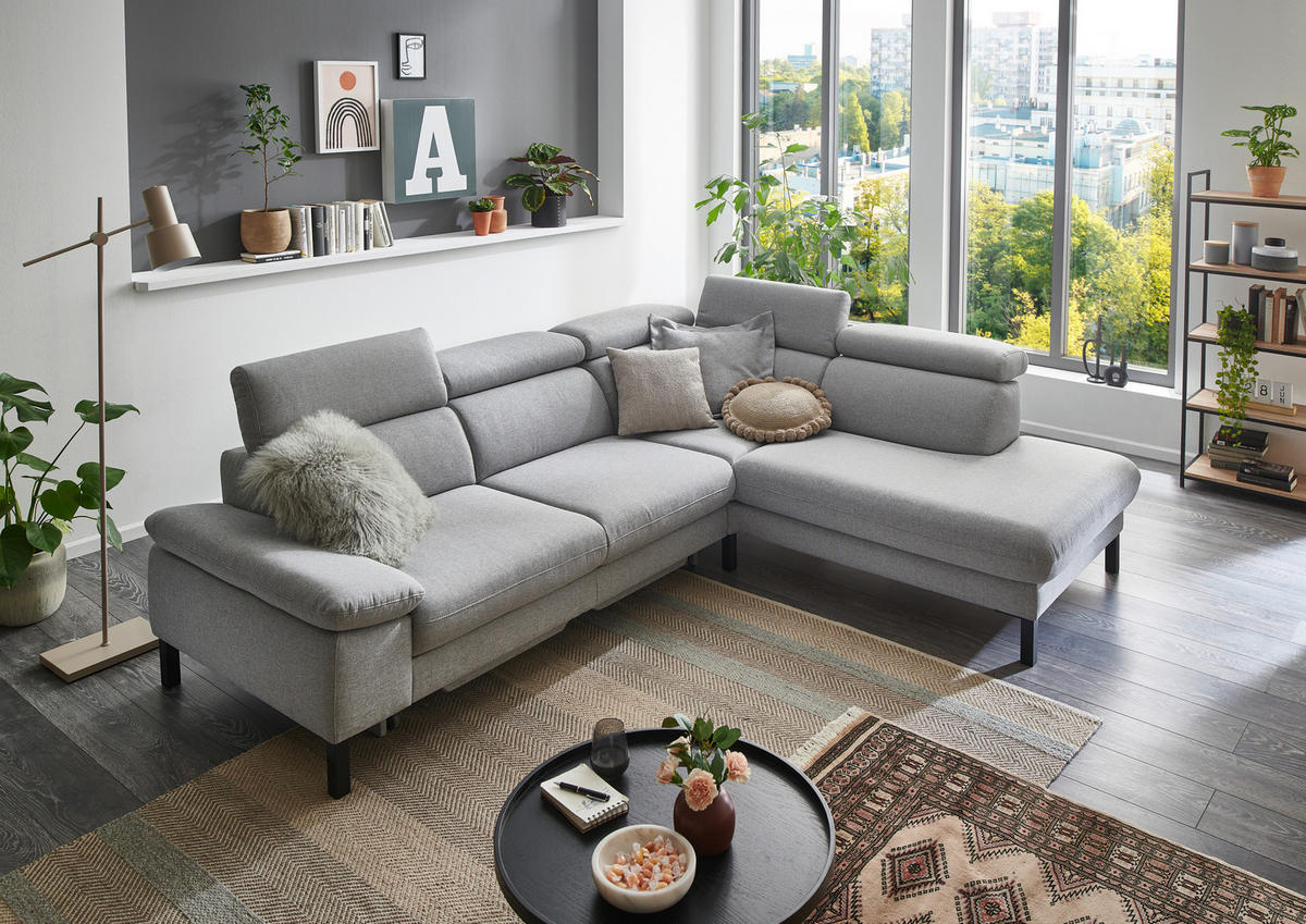 ECKSOFA in Flachgewebe Hellgrau  272/217 cm  - Hellgrau/Schwarz, Design, Holzwerkstoff/Textil (272/217cm) - Pure Home Comfort