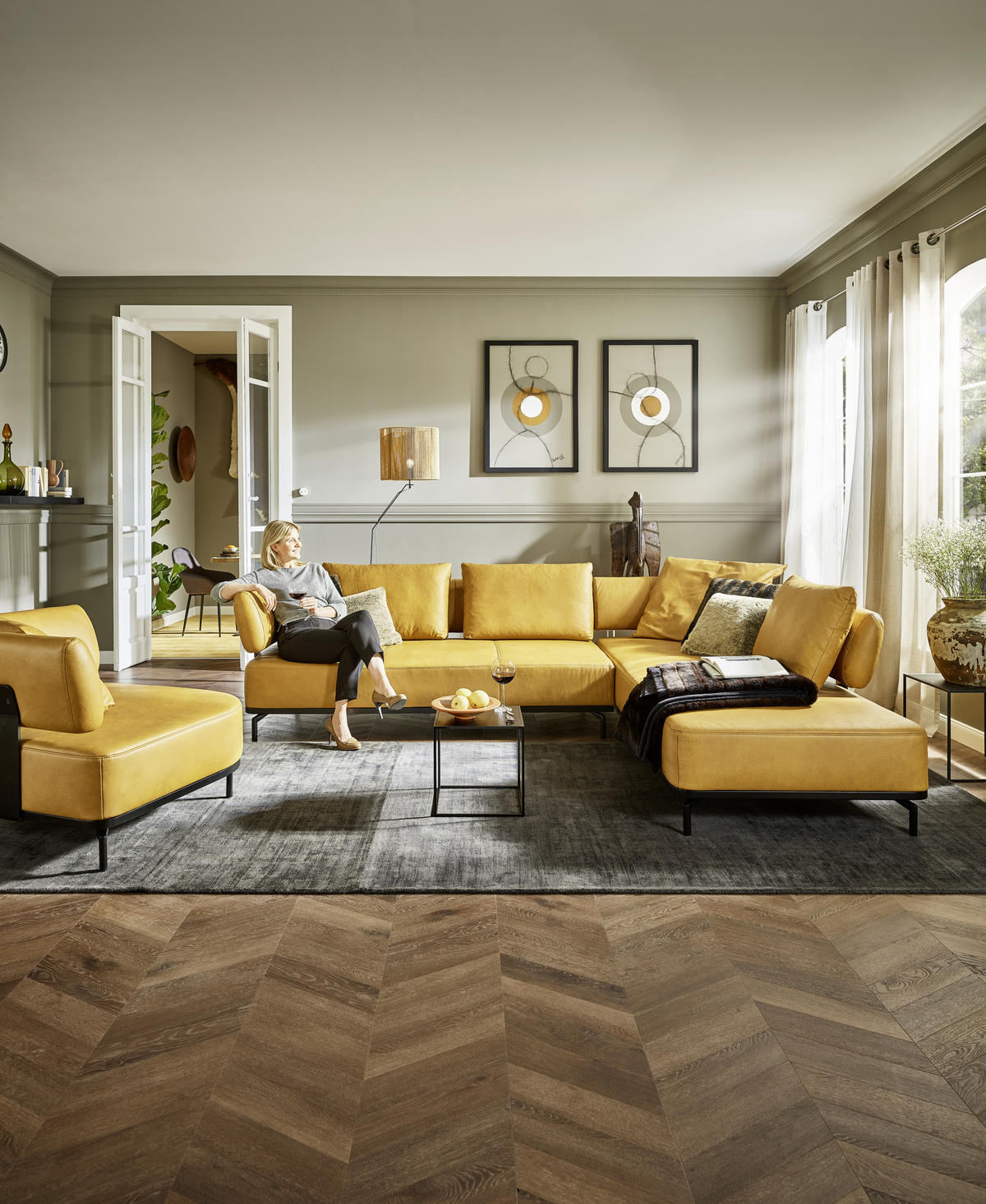 ECKSOFA in Echtleder Dunkelgelb  - Dunkelgelb/Schwarz, Design, Leder/Metall (302/237cm) - Dieter Knoll