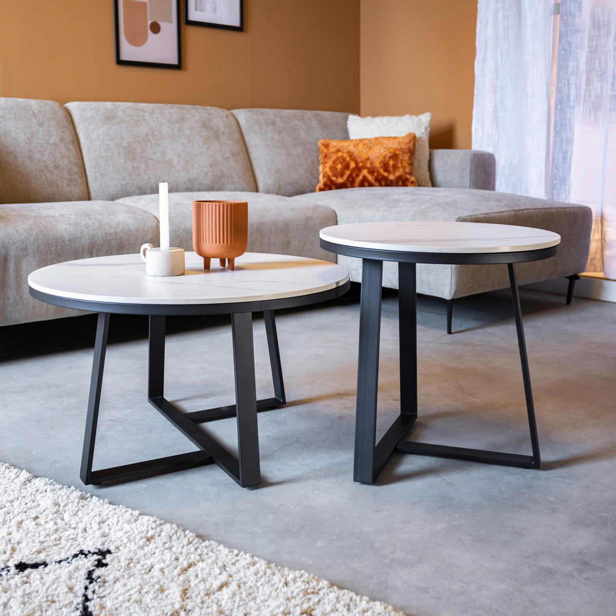 COUCHTISCHSET rund Weiß  - Schwarz/Weiß, KONVENTIONELL, Stein/Metall (69/69/39,5cm) - MID.YOU