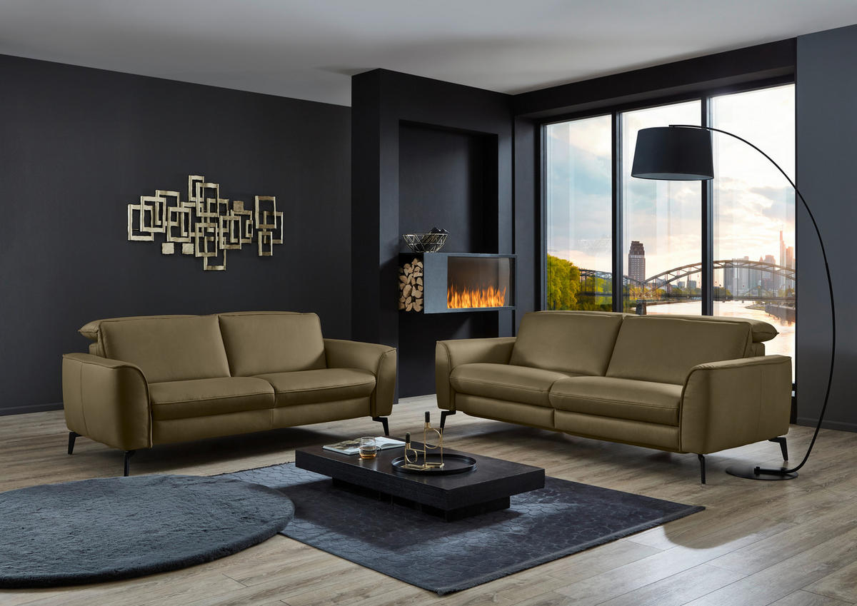 3-SITZER-SOFA in Echtleder Grün  - Schwarz/Grün, Natur, Leder/Metall (222/81/110cm) - Valdera