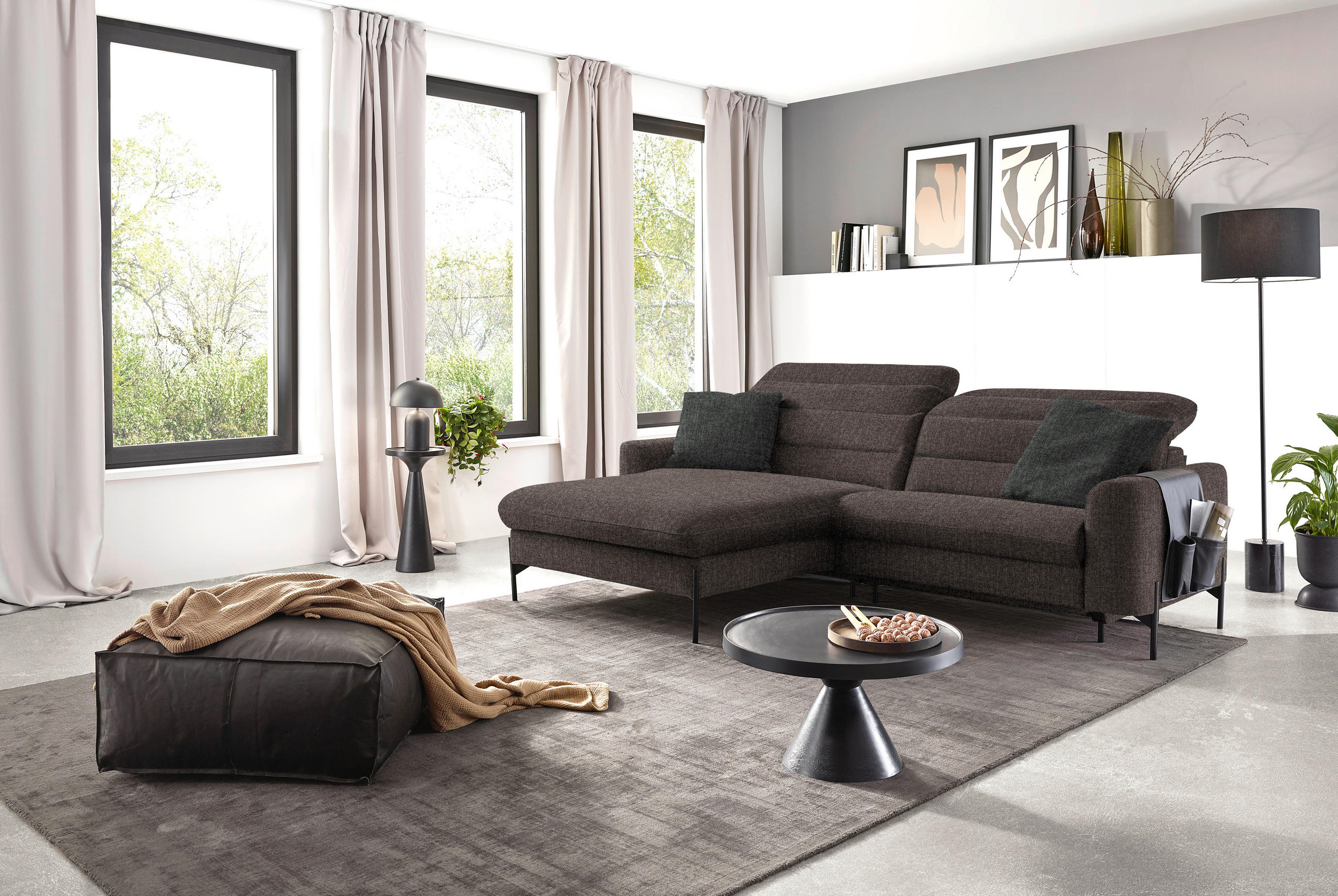 ECKSOFA in Flachgewebe Graubraun  - Graubraun/Schwarz, Design, Textil/Metall (191/252cm) - Dieter Knoll