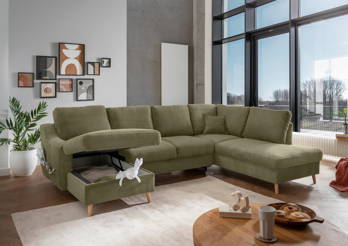 SALON PANORAMIQUE in Cord Olivgrün  - vert olive/bleu clair, Konventionell, textile/bois (150/301/200cm) - P & B