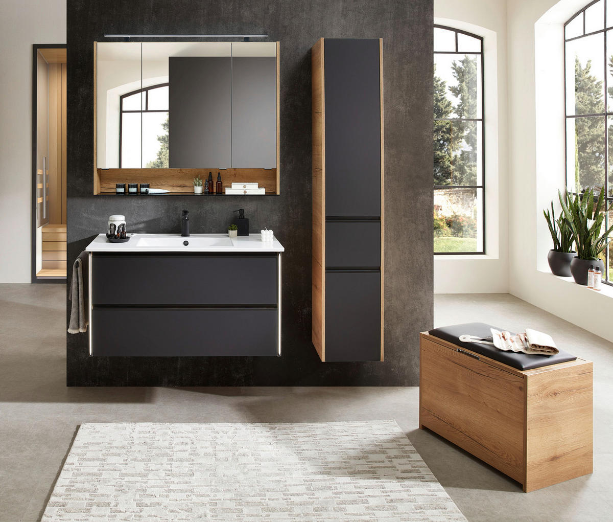 SPIEGELSCHRANK 103,2/85,3/17 cm  - Eichefarben/Schwarz, KONVENTIONELL, Glas/Holzwerkstoff (103,2/85,3/17cm) - Sadena
