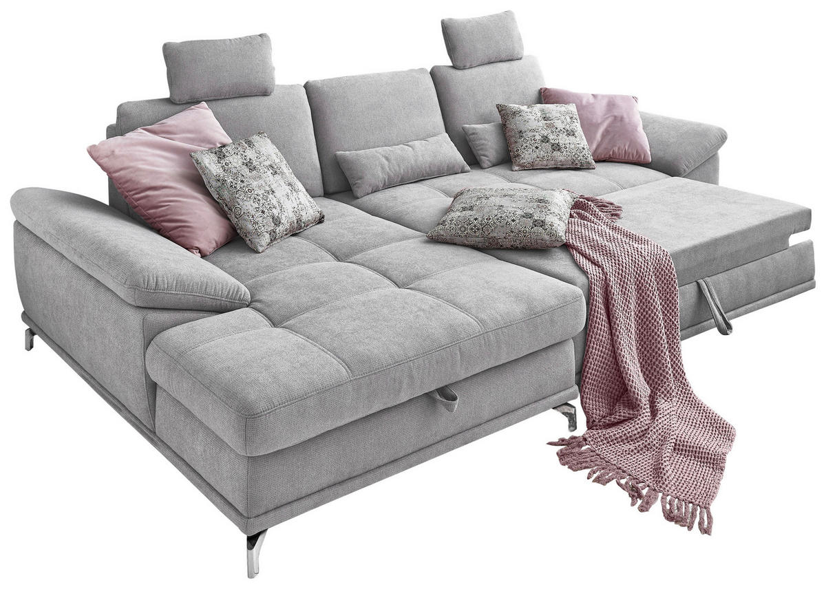 ECKSOFA Silberfarben Flachgewebe Bettkasten, Schlaffunktion, Sitztiefenverstellung, Kopfstütze, Liegefläche im Originalstoff  - Silberfarben, KONVENTIONELL, Textil/Metall (176/301cm) - Sit & More