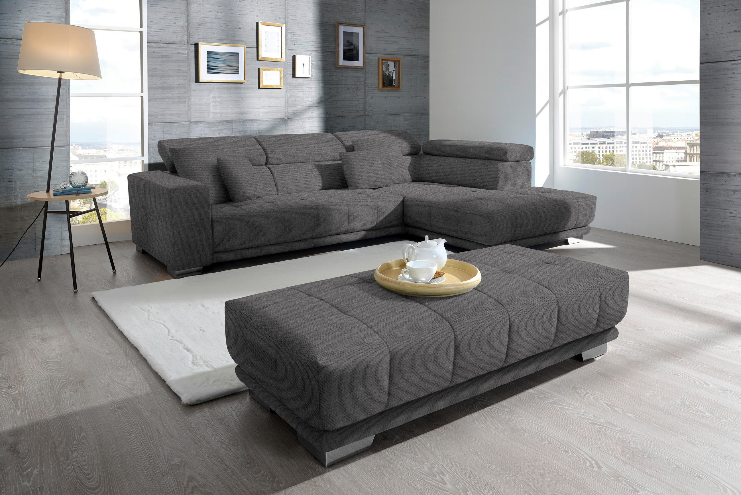 ECKSOFA in Mikrofaser Grau  301/207 cm  - Chromfarben/Grau, Design, Textil/Metall (301/207cm) - Xora