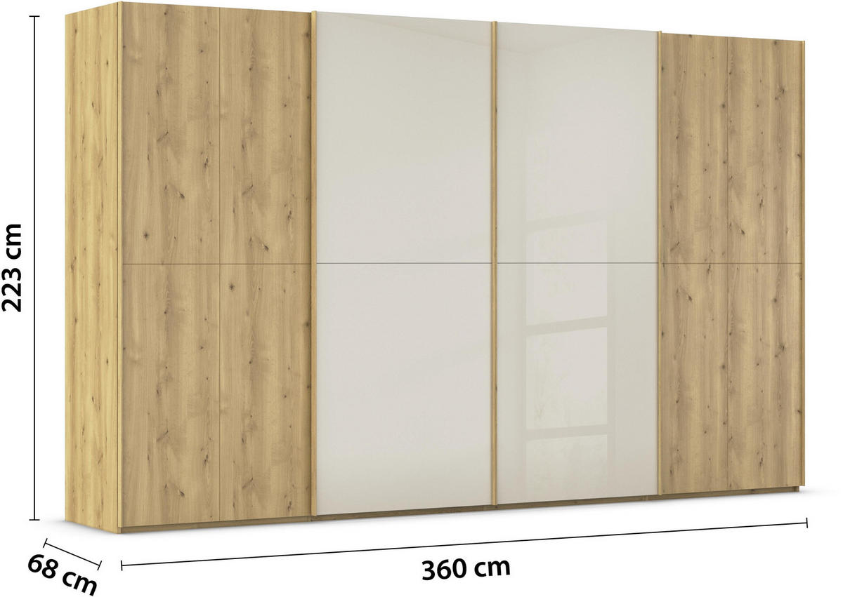 SCHWEBETÜRENSCHRANK 360/223/68 cm 4-türig Eichefarben, Champagner  - Champagner/Eichefarben, Design, Glas/Holz (360/223/68cm) - Novel