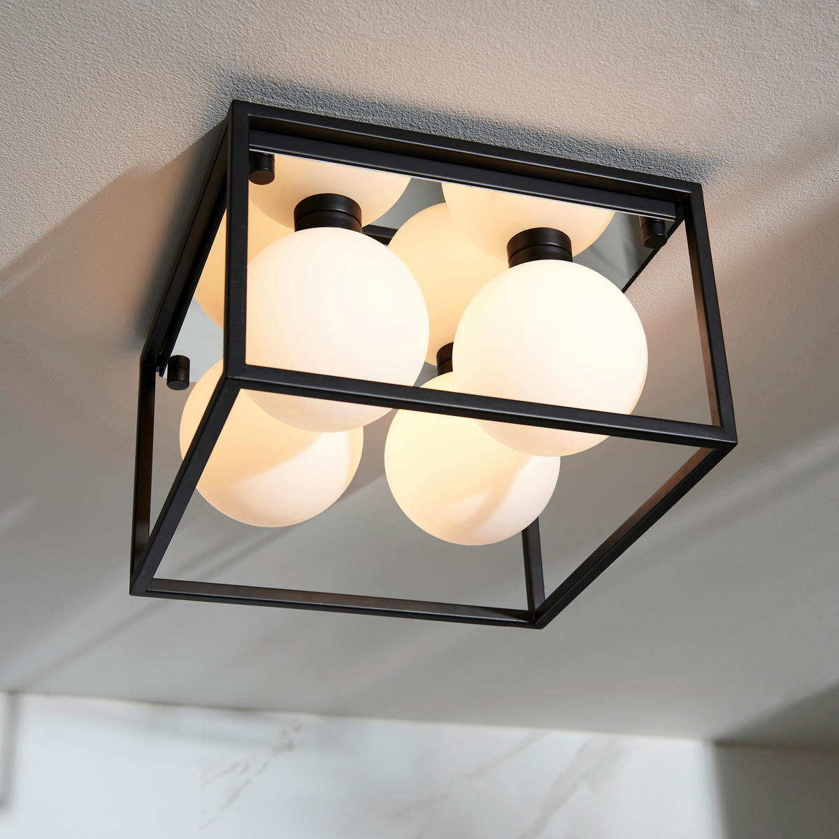 BADEZIMMER-DECKENLEUCHTE    29/29/19,5 cm  - Opal/Schwarz, KONVENTIONELL, Glas (29/29/19,5cm) - ENDON