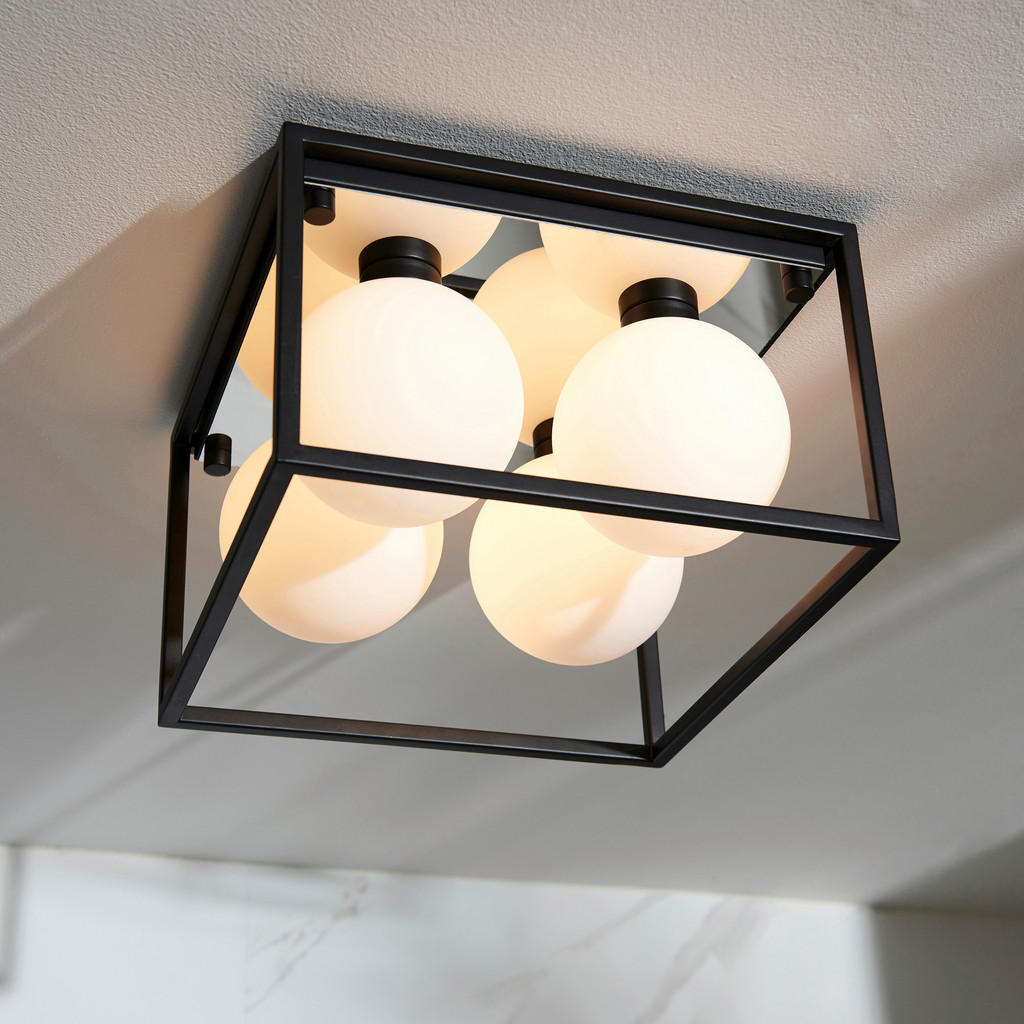 Thumbnail - Endon Badezimmer-Deckenleuchte Endon Zona, Opal, Schwarz, Glas, quadratisch,quadratisch, 29x19.5x29 cm, CE, Lampen & Leu...