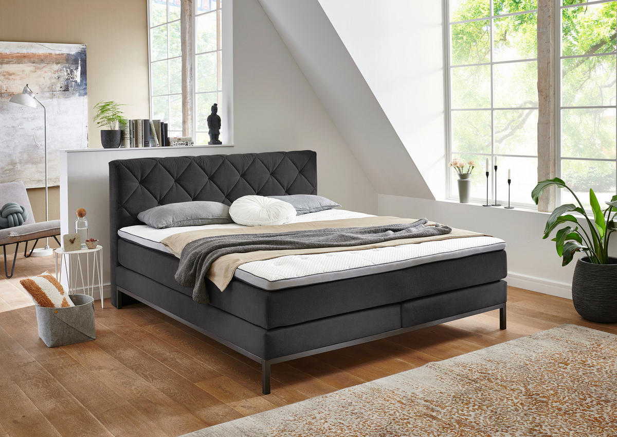 BOXSPRINGBETT 140/200 cm  in Anthrazit  - Anthrazit/Schwarz, Konventionell, Textil/Metall (140/200cm) - Carryhome