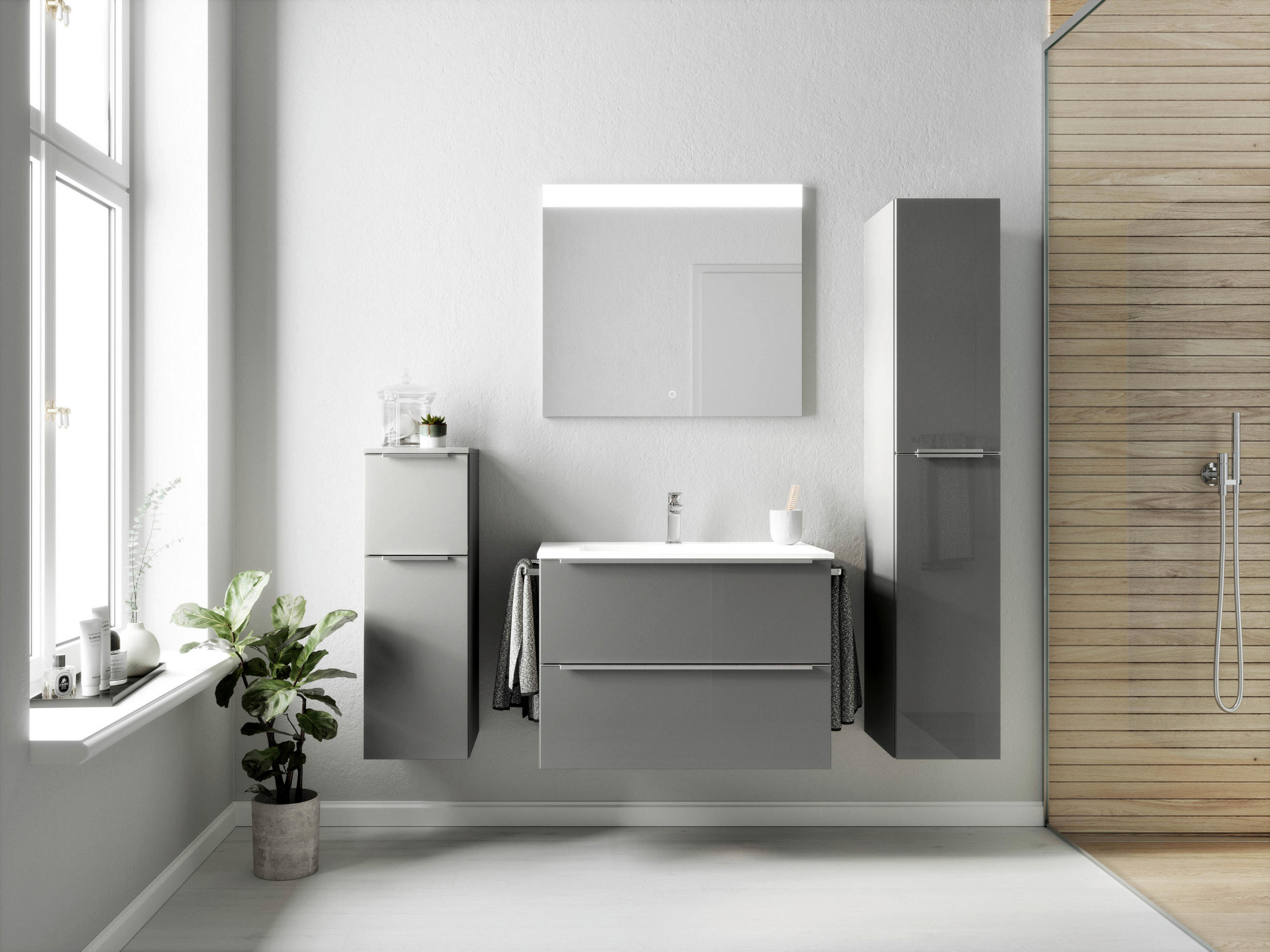 BADEZIMMER 3-teilig  in 81 cm  - Schieferfarben/Edelstahlfarben, MODERN, Holzwerkstoff/Stein (81cm) - Nobilia
