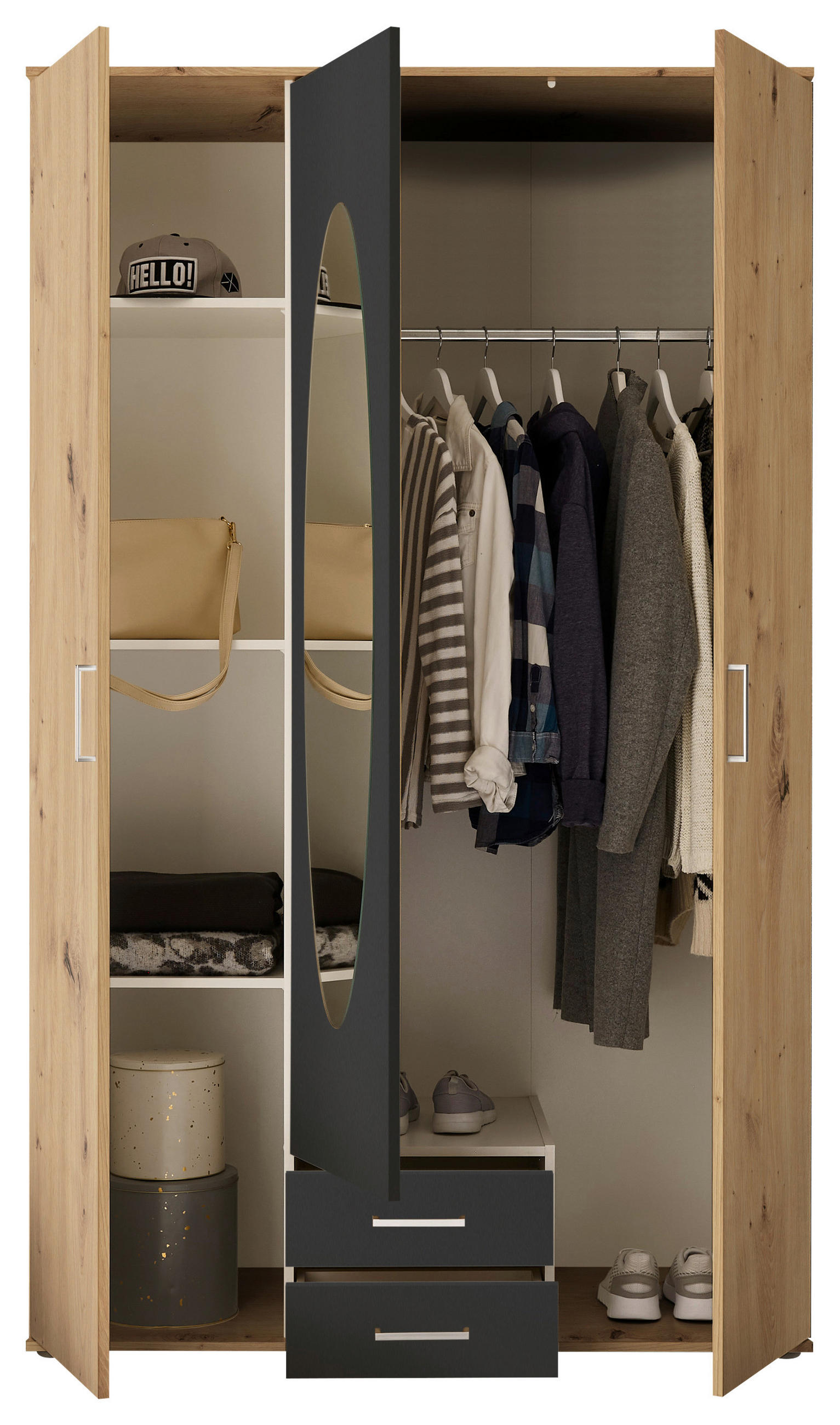 DREHTÜRENSCHRANK 120/195/55 cm 3-türig Graphitfarben, Eiche Artisan  - Graphitfarben/Alufarben, Basics, Glas/Holzwerkstoff (120/195/55cm) - P & B