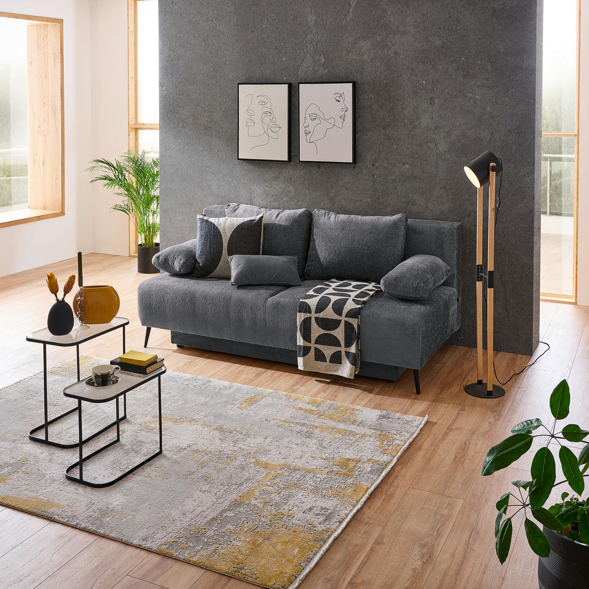 SCHLAFSOFA  mit Liegefunktion, Rücken echt Webstoff Grau  - Schwarz/Grau, MODERN, Textil/Metall (200/90/100cm) - Ti'me