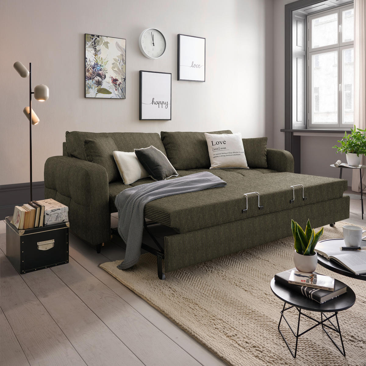 SCHLAFSOFA  in Cord, Velours Olivgrün  - Schwarz/Olivgrün, Design, Holz/Textil (236/88/101cm) - Lomoco