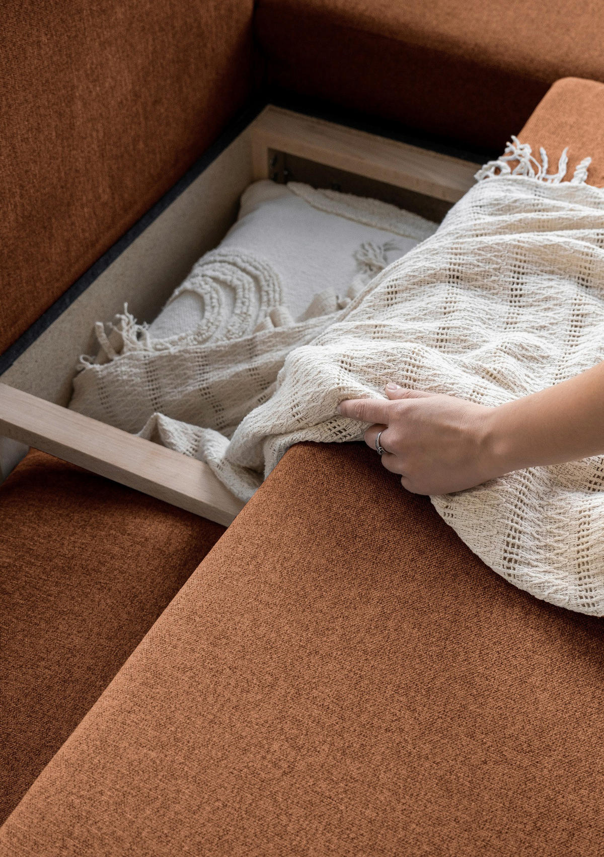 SEDEŽNA GARNITURA, šenilja terakota  - naravne barve/terakota, tekstil/les (242/202cm) - MID.YOU