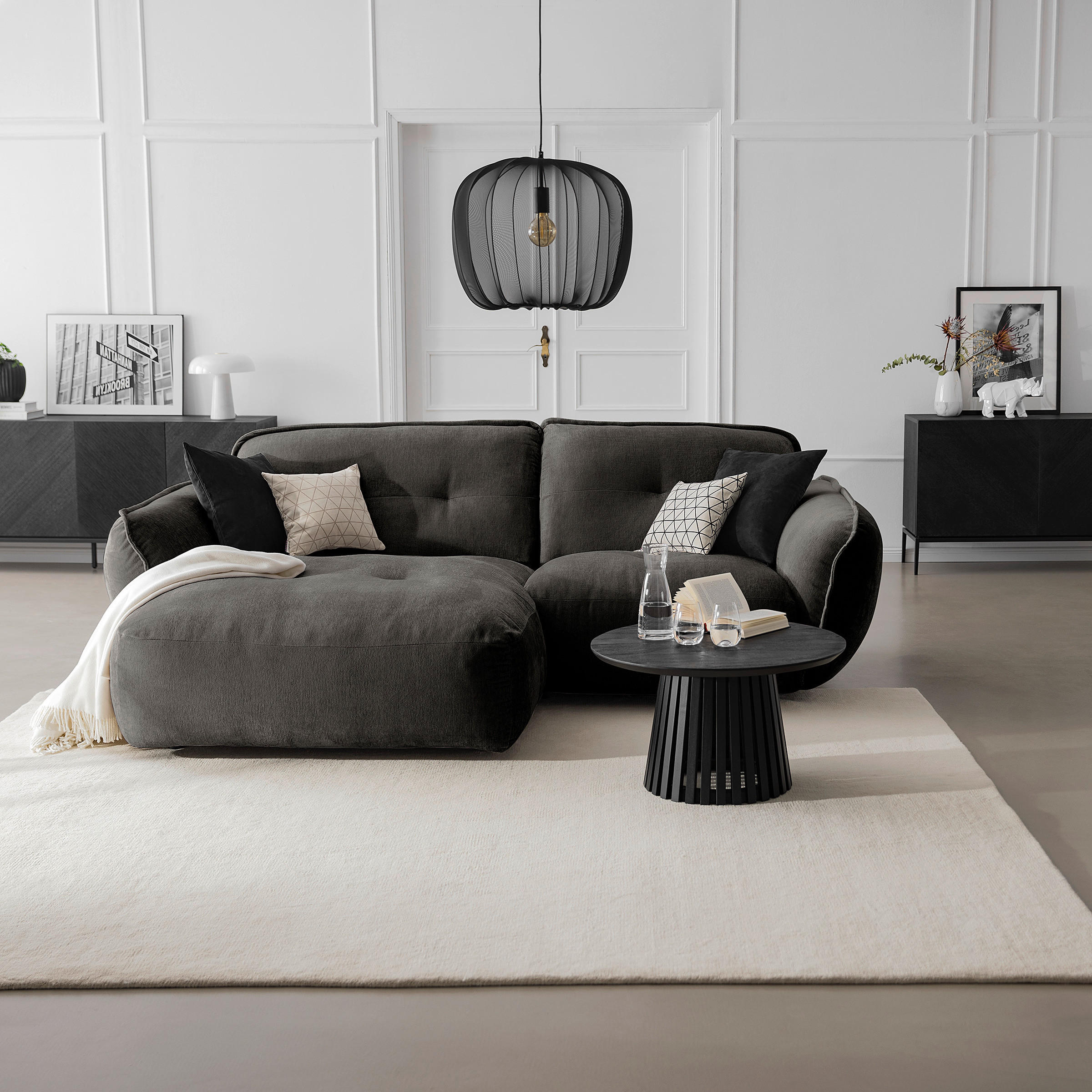 ECKSOFA in Chenille Anthrazit - Anthrazit/Schwarz, Modern, Kunststoff/Textil (184/269cm) - Trendmanufaktur