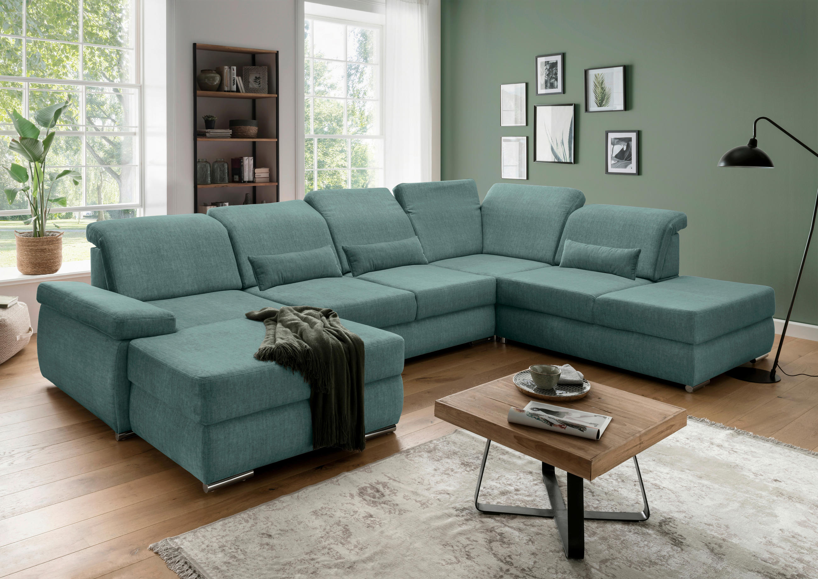 WOHNLANDSCHAFT Dunkelblau, Dunkelgrün Velours  - Blau/Chromfarben, MODERN, Holz/Textil (186/375/250cm) - Livetastic