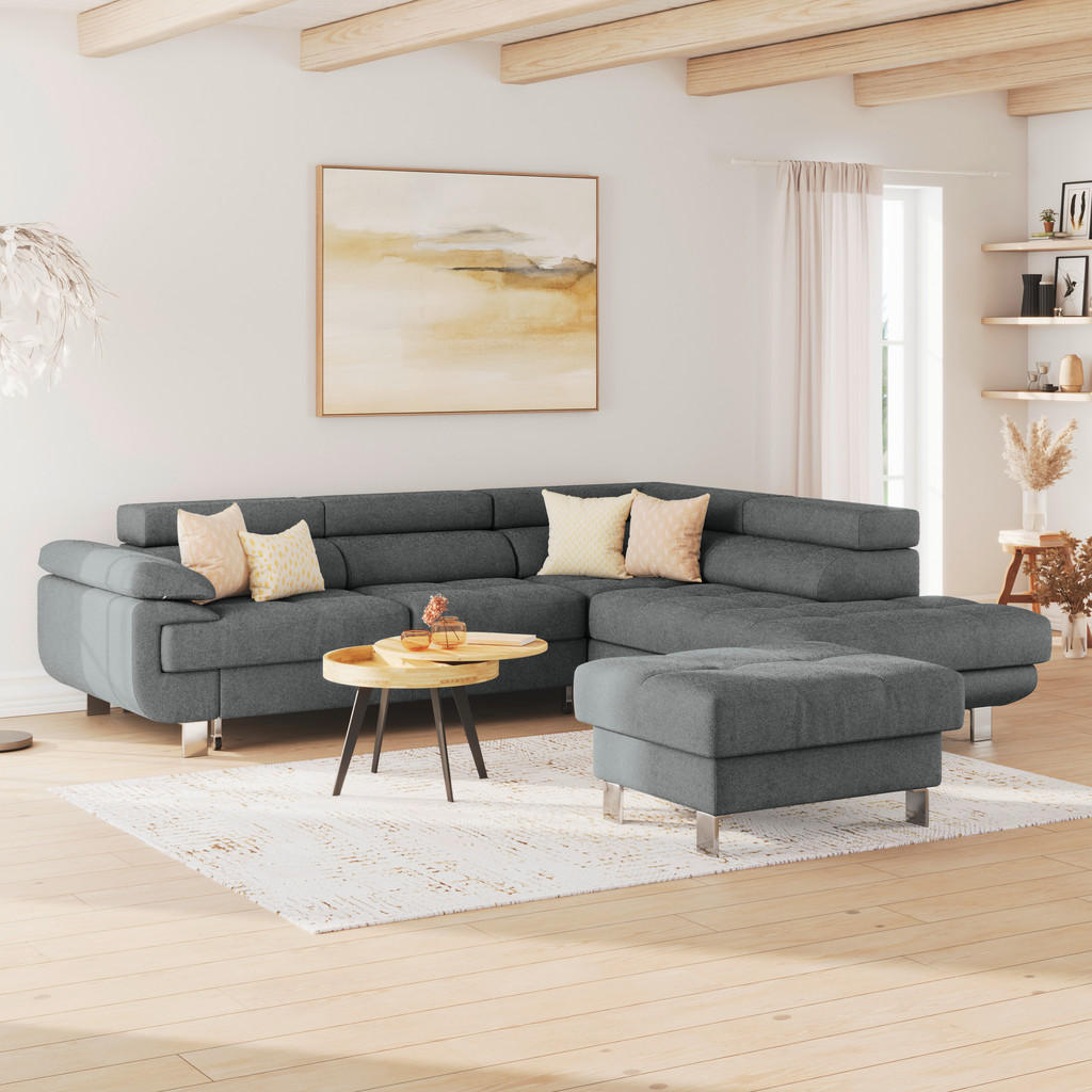 Thumbnail - Mid.you Ecksofa, Anthrazit, Textil, 5-Sitzer, Ottomane rechts, L-Form, 270x230 cm, Made in EU, Stoffauswahl, Hocker erhä...