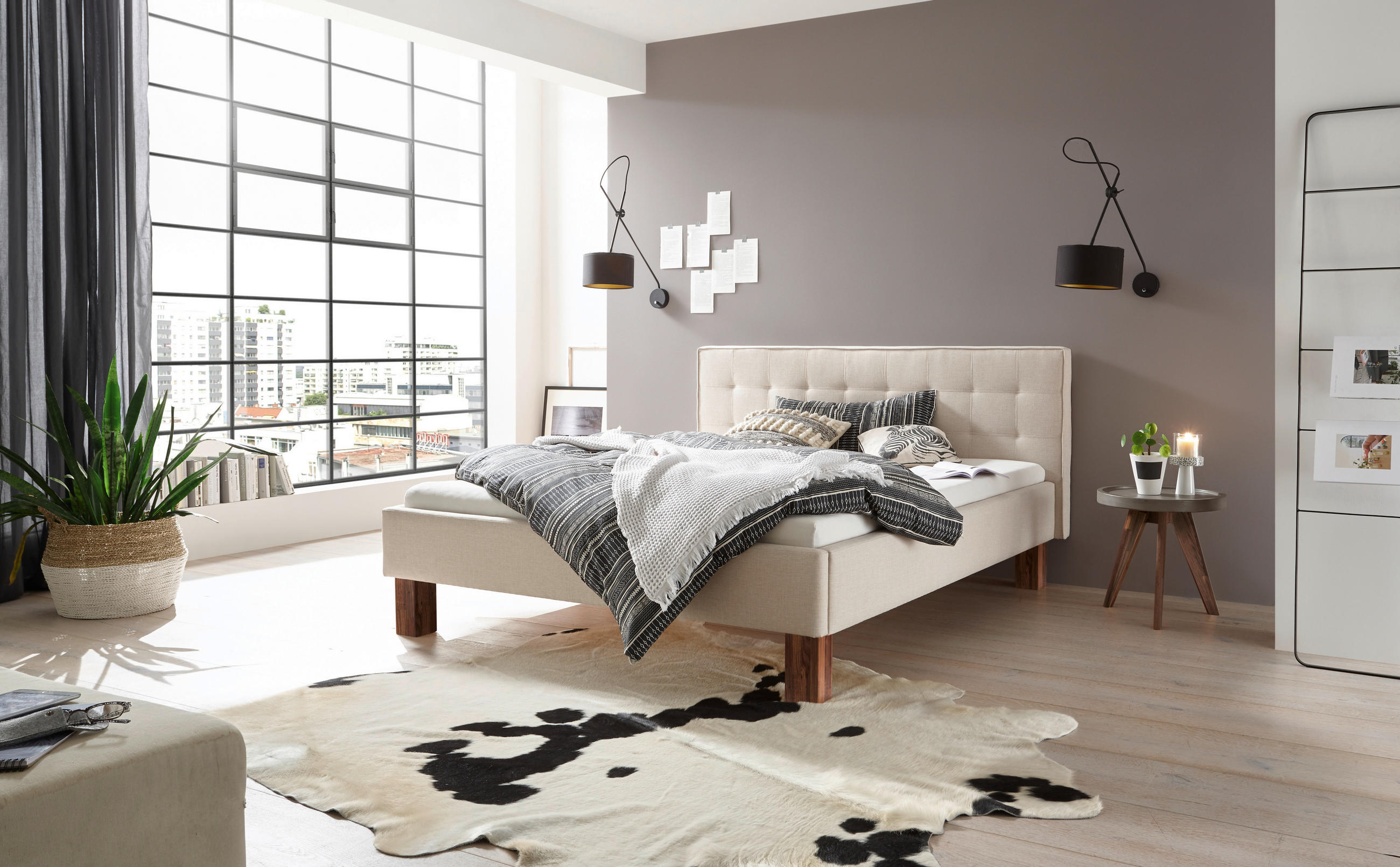 POLSTERBETT gepolstertes Kopfteil 140/200 cm  in Nussbaumfarben, Beige  - Beige/Nussbaumfarben, KONVENTIONELL, Holz/Textil (140/200cm) - Hasena