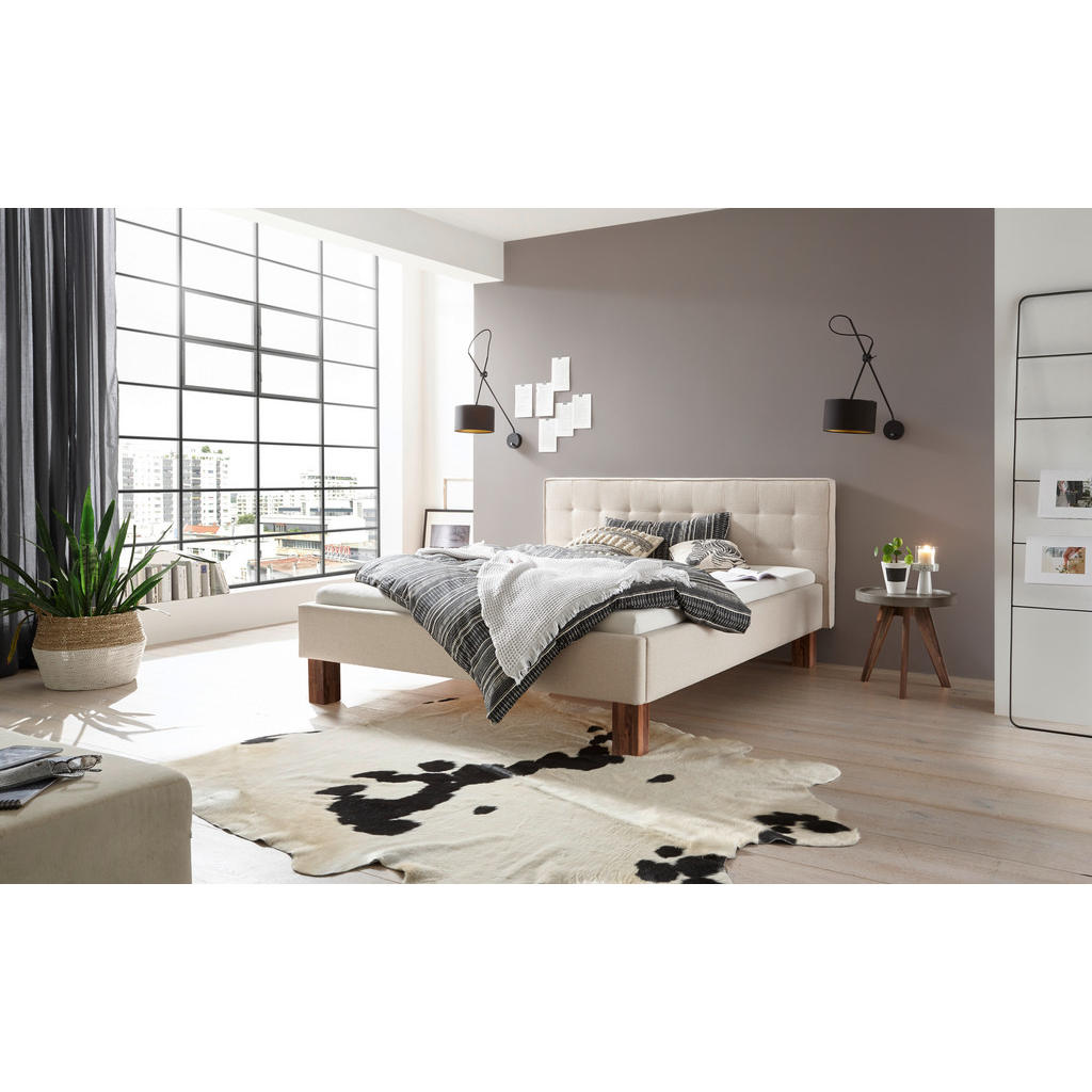 Thumbnail - Hasena Polsterbett, Nussbaum, Beige, Textil, Nussbaum, massiv, 140x200 cm, Lattenrosthöhe individuell einstellbar, in ve...