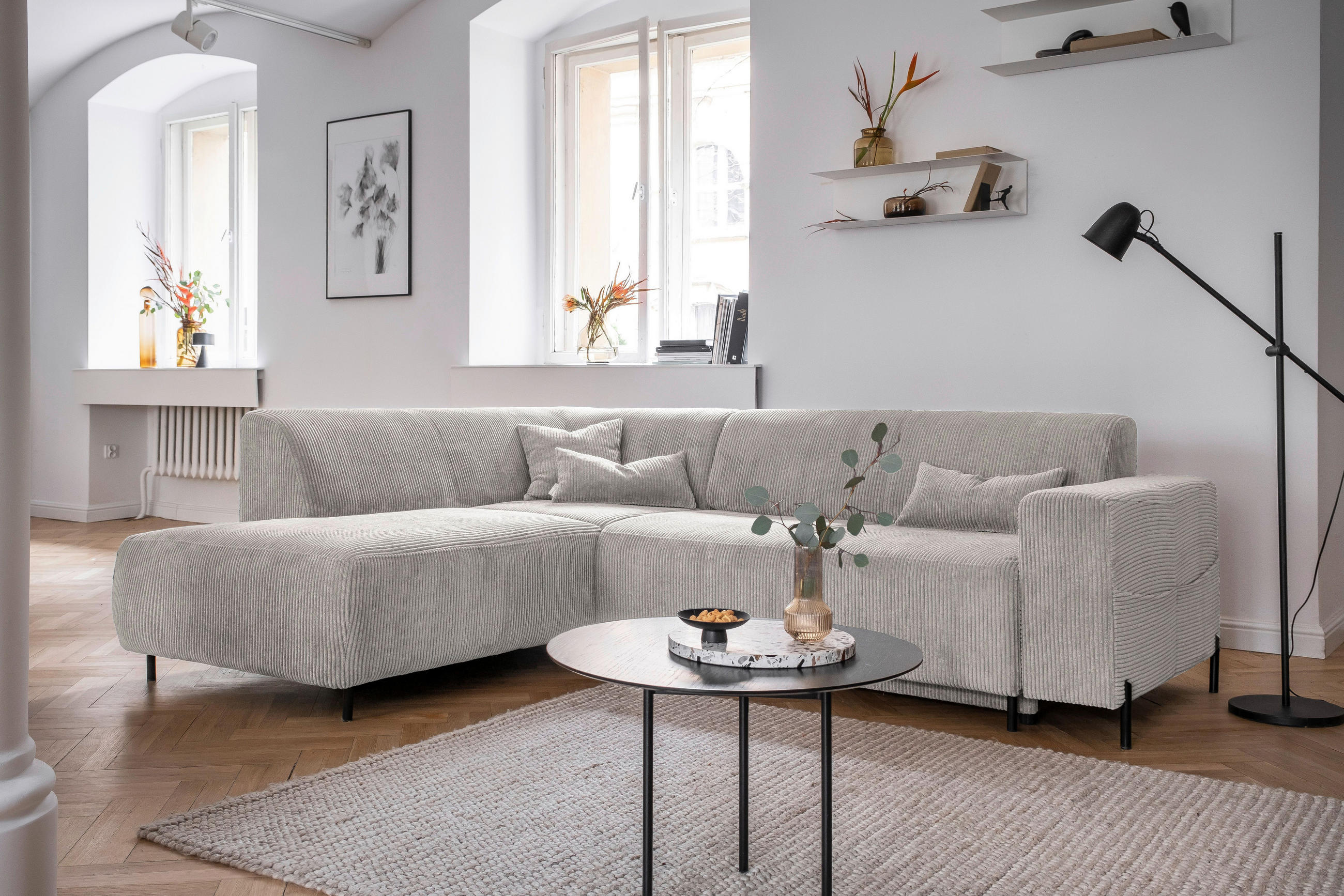ECKSOFA Beige Cord  - Beige/Schwarz, Textil/Metall (192/250cm) - MID.YOU