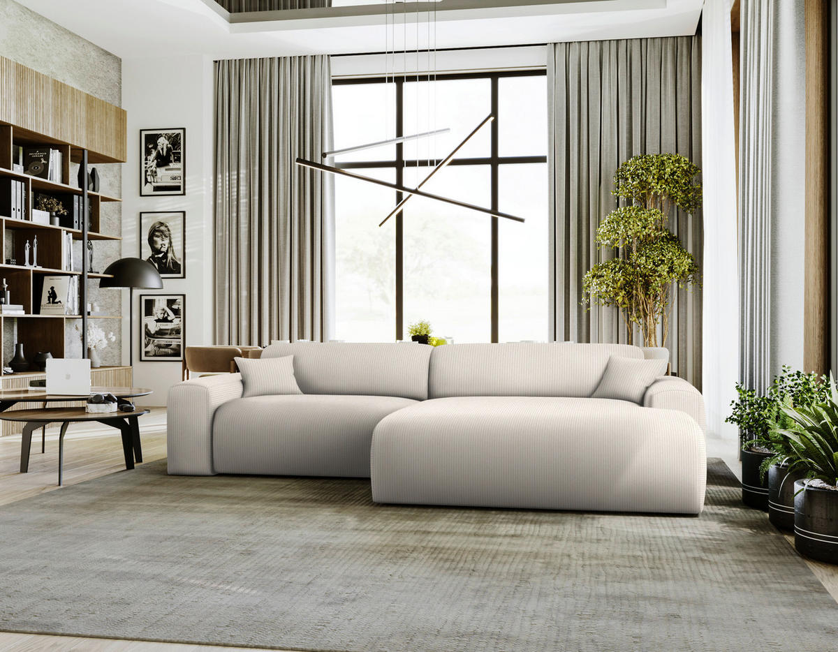 ECKSOFA in Velours, Feincord Ecru  - Ecru/Schwarz, Design, Kunststoff/Textil (292/178cm) - Livetastic