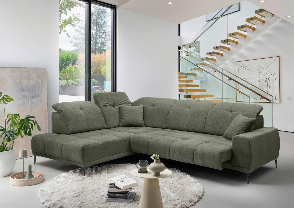 ECKSOFA NESTO Dunkelgrün Chenille Zierkissen, Kopfteilverstellung, Sitzvorzug  - Dunkelgrün/Schwarz, Basics, Textil/Metall (232/305cm) - Livetastic