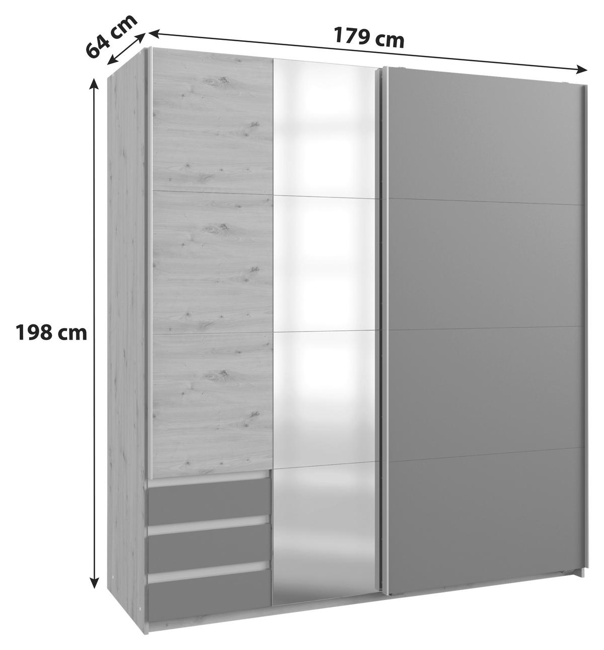 SCHWEBETÜRENSCHRANK 179/198/64 cm 2-türig Graphitfarben, Eichefarben  - Eichefarben/Alufarben, Basics, Holzwerkstoff/Metall (179/198/64cm) - Livetastic
