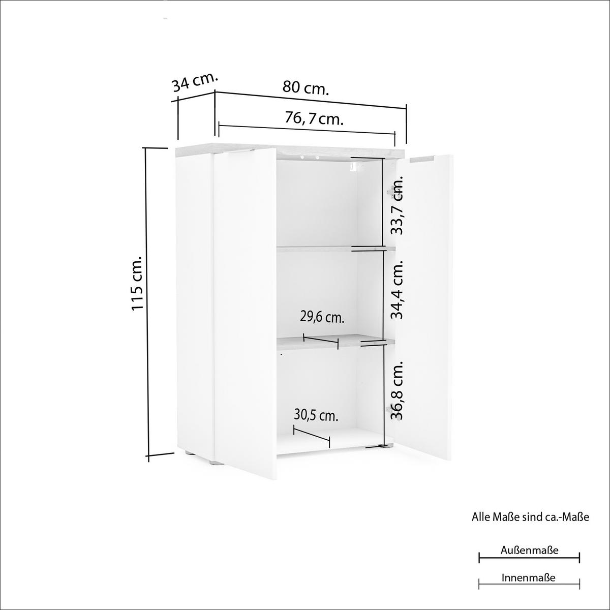 VISOKA KOMODA   80,2/115/34 cm   bijela, boje hrasta  - bijela/boje hrasta, Design, drvni materijal/metal (80,2/115/34cm) - Voleo
