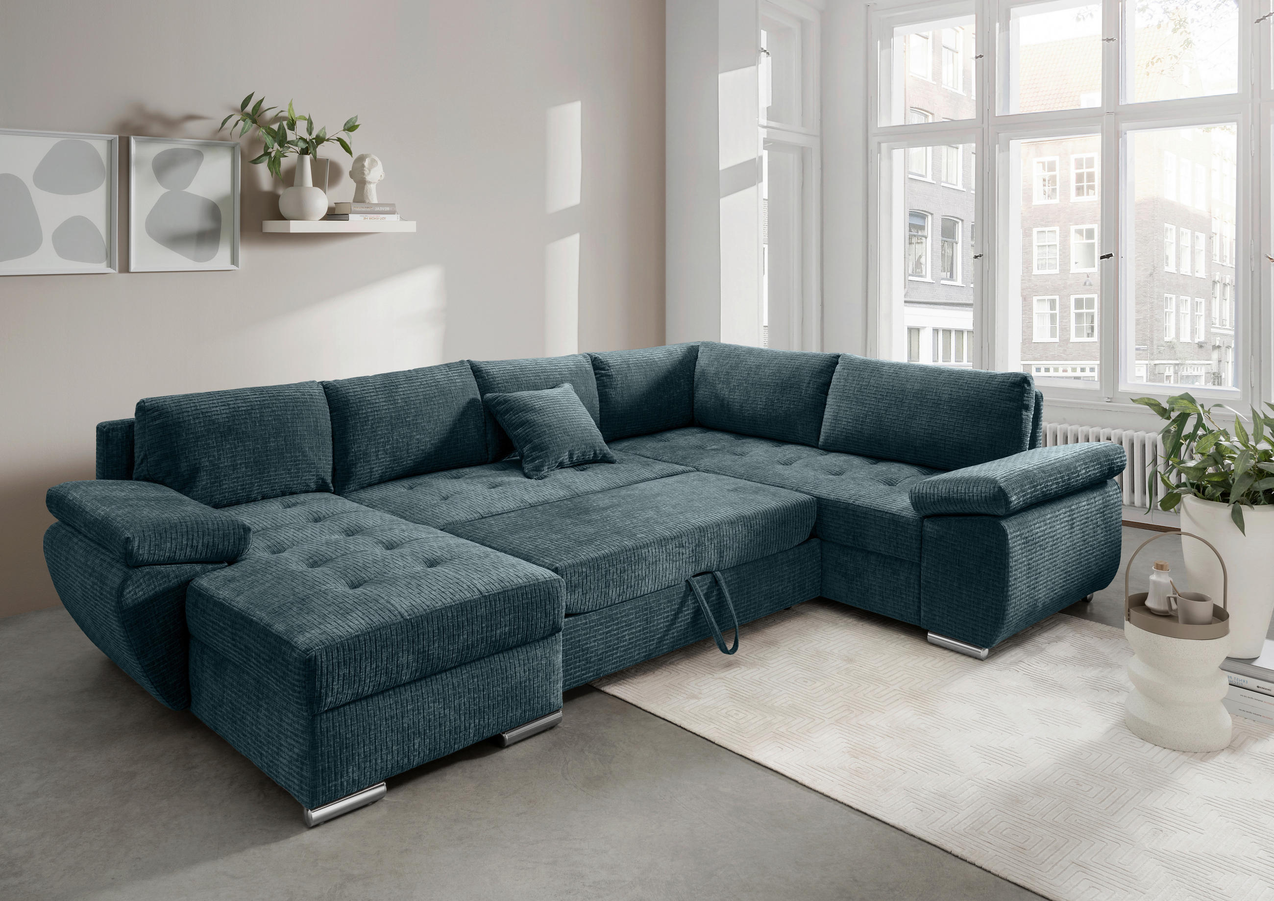 WOHNLANDSCHAFT Blau Mikrofaser  - Chromfarben/Blau, KONVENTIONELL, Textil/Metall (157/305/219cm) - Livetastic