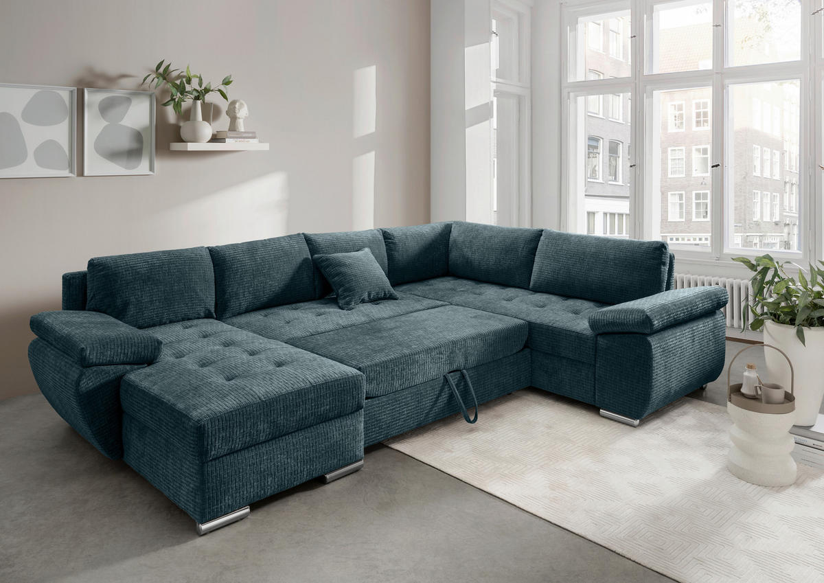 WOHNLANDSCHAFT in Mikrofaser Blau  - Chromfarben/Blau, KONVENTIONELL, Textil/Metall (157/305/219cm) - Livetastic