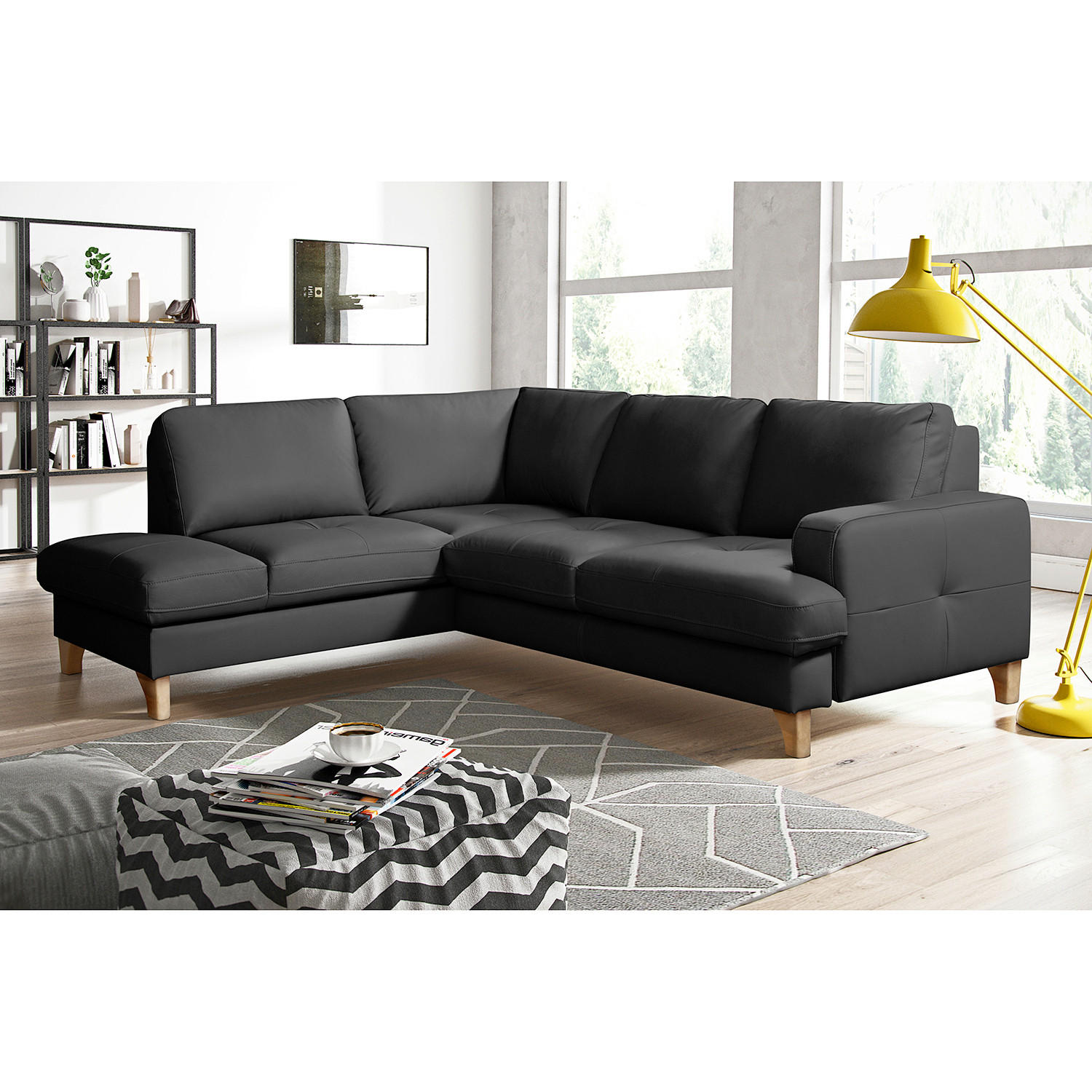 ECKSOFA  in Lederlook Echtleder Schwarz  - Buchefarben/Schwarz, Design, Leder/Holz (234/190cm) - Livetastic