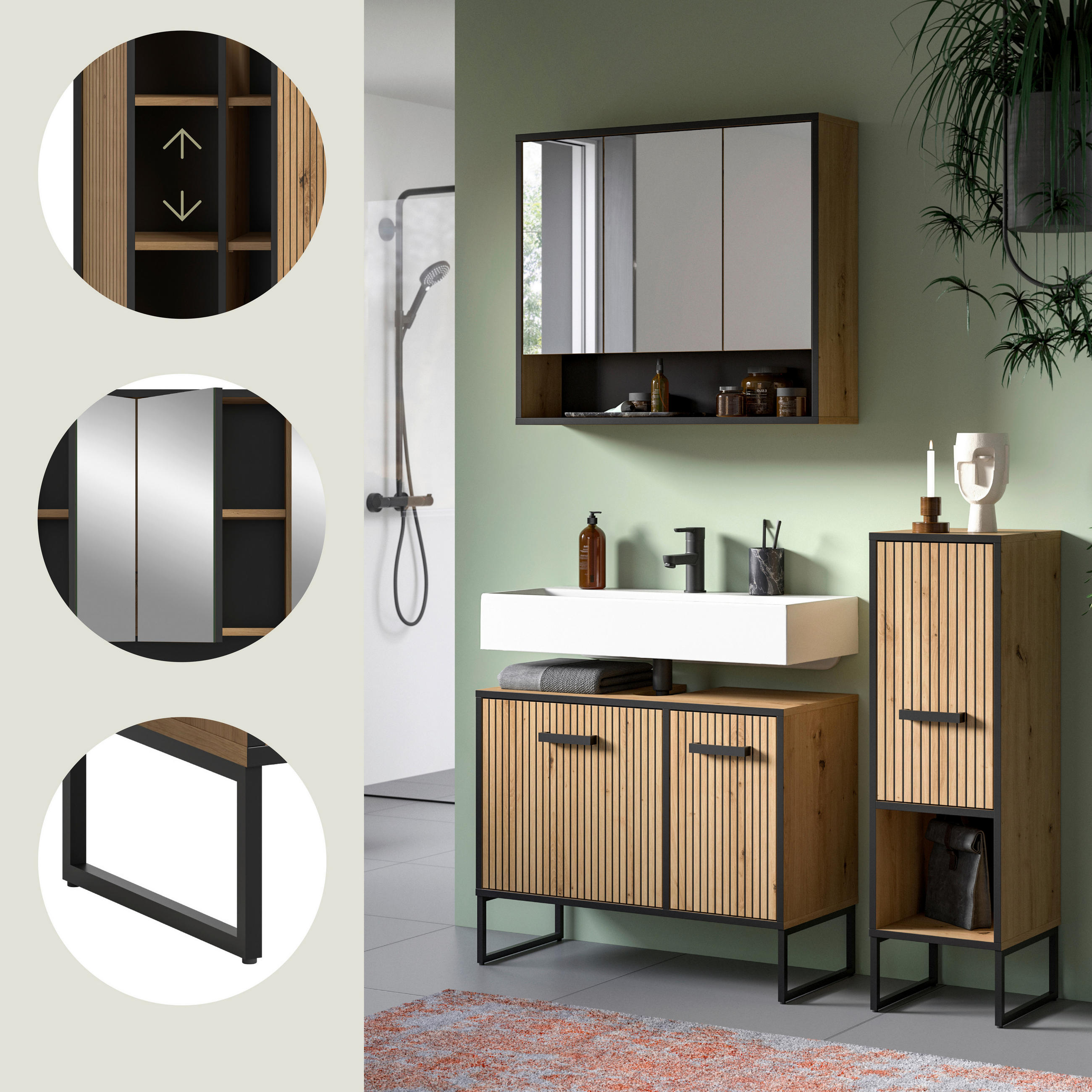 BADEZIMMER 3-teilig 110 cm  - Schwarz/Eiche Artisan, Trend, Glas/Holzwerkstoff (110cm) - MID.YOU