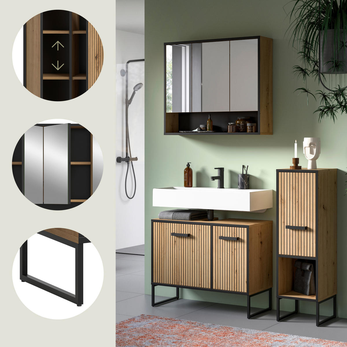 BADRUM 110 cm  - svart/ek Artisan, Trend, metall/trämaterial (110cm) - MID.YOU