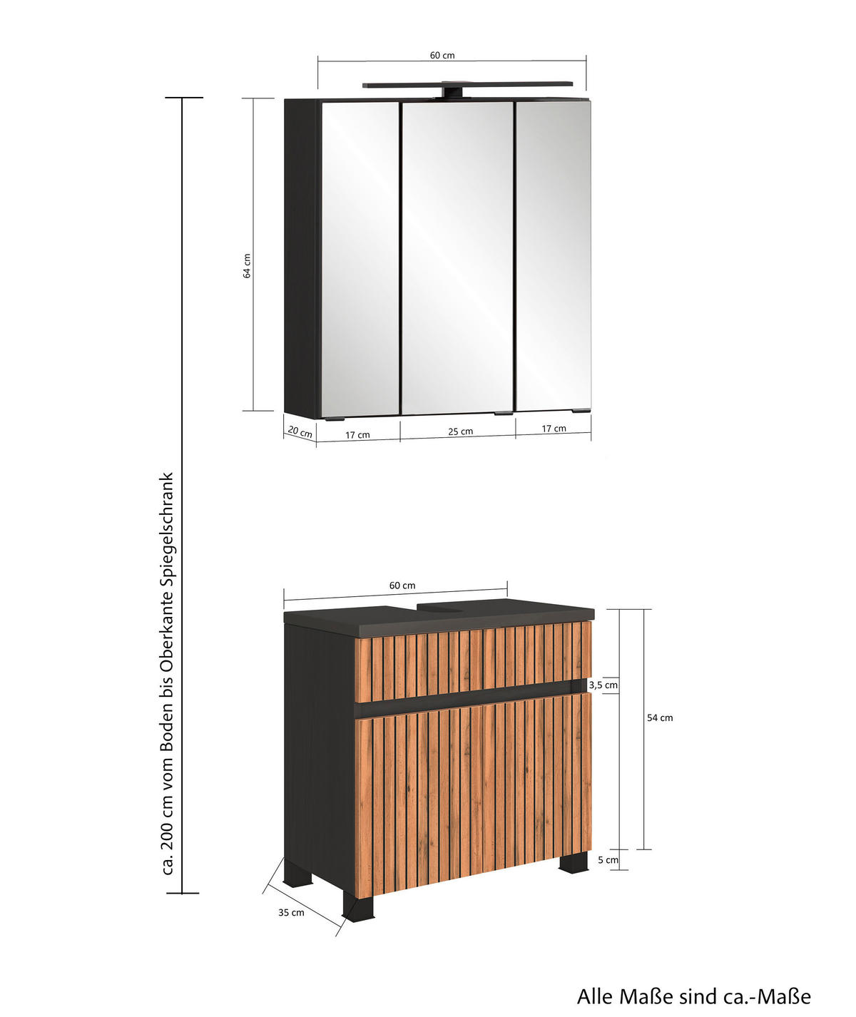 BADEZIMMER 2-teilig  in 60 cm  - Eiche Wotan/Graphitfarben, KONVENTIONELL, Glas/Holzwerkstoff (60cm) - Xora