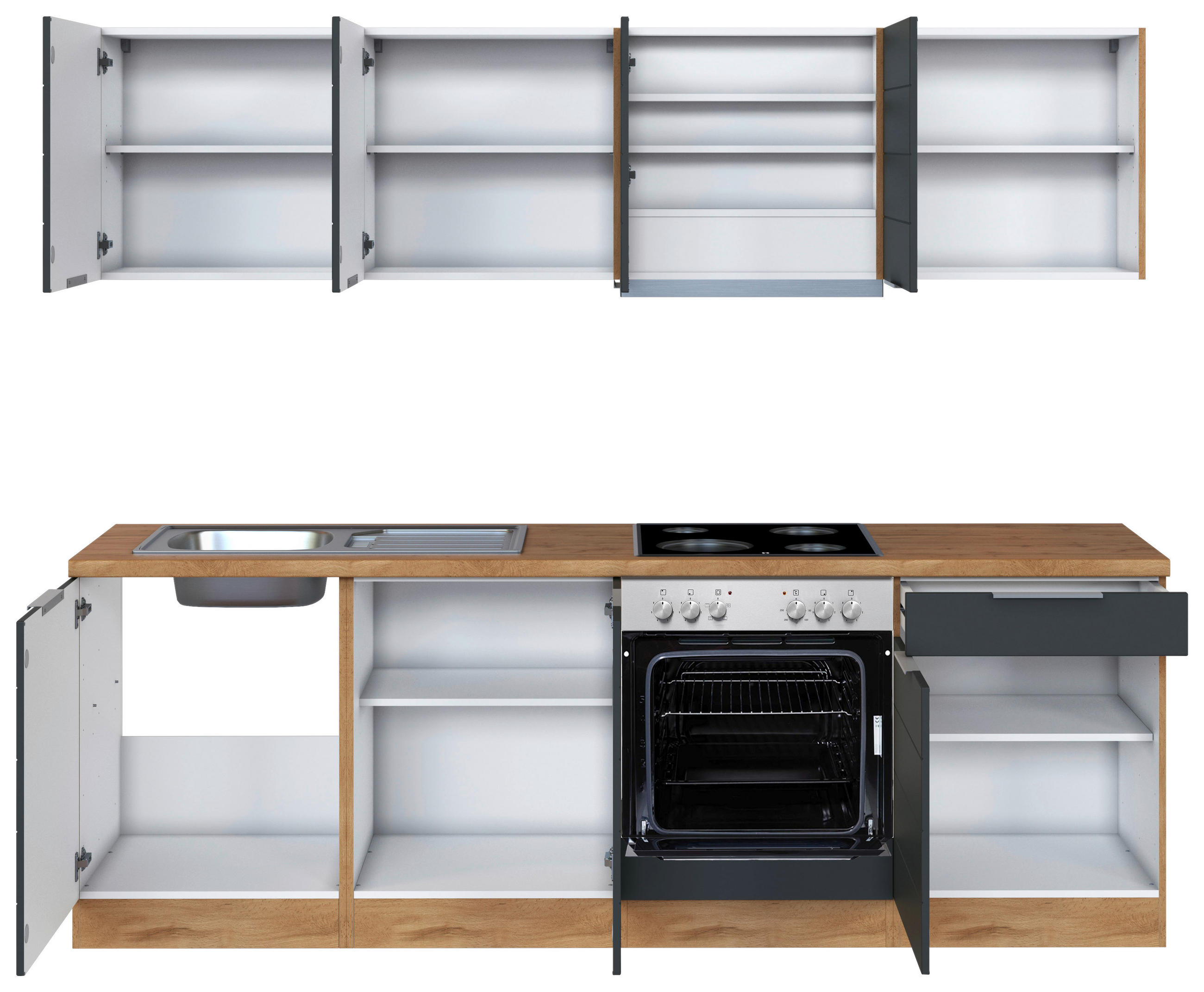 KÜCHENBLOCK 240 cm   in Grau, Eiche Wotan  - Weiss/Eiche Wotan, Design, Holzwerkstoff/Metall (240cm) - Held