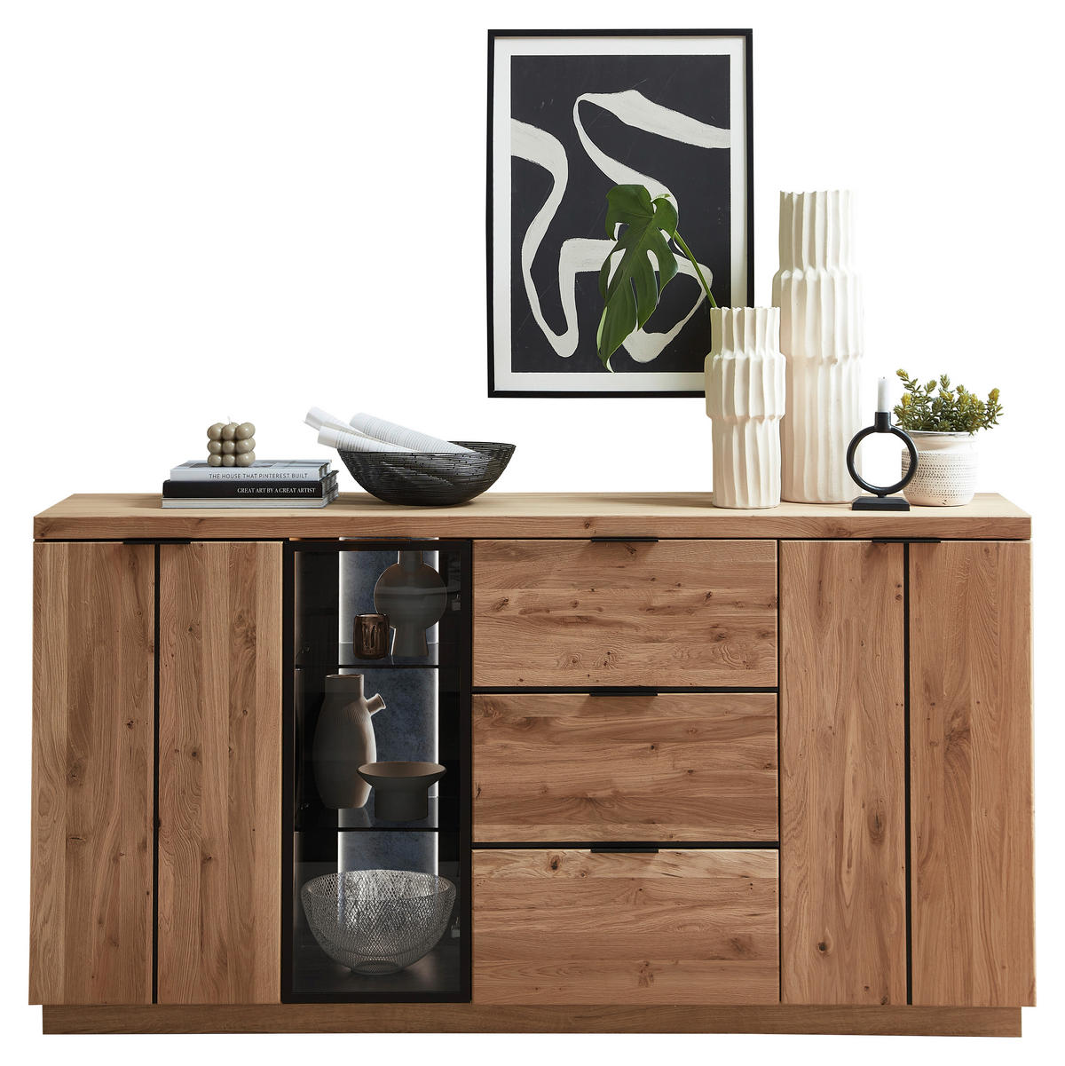 SIDEBOARD  180/93/48 cm 3 Schublade(n)  - Eiche Bianco/Anthrazit, Natur, Glas/Holz (180/93/48cm) - Linea Natura