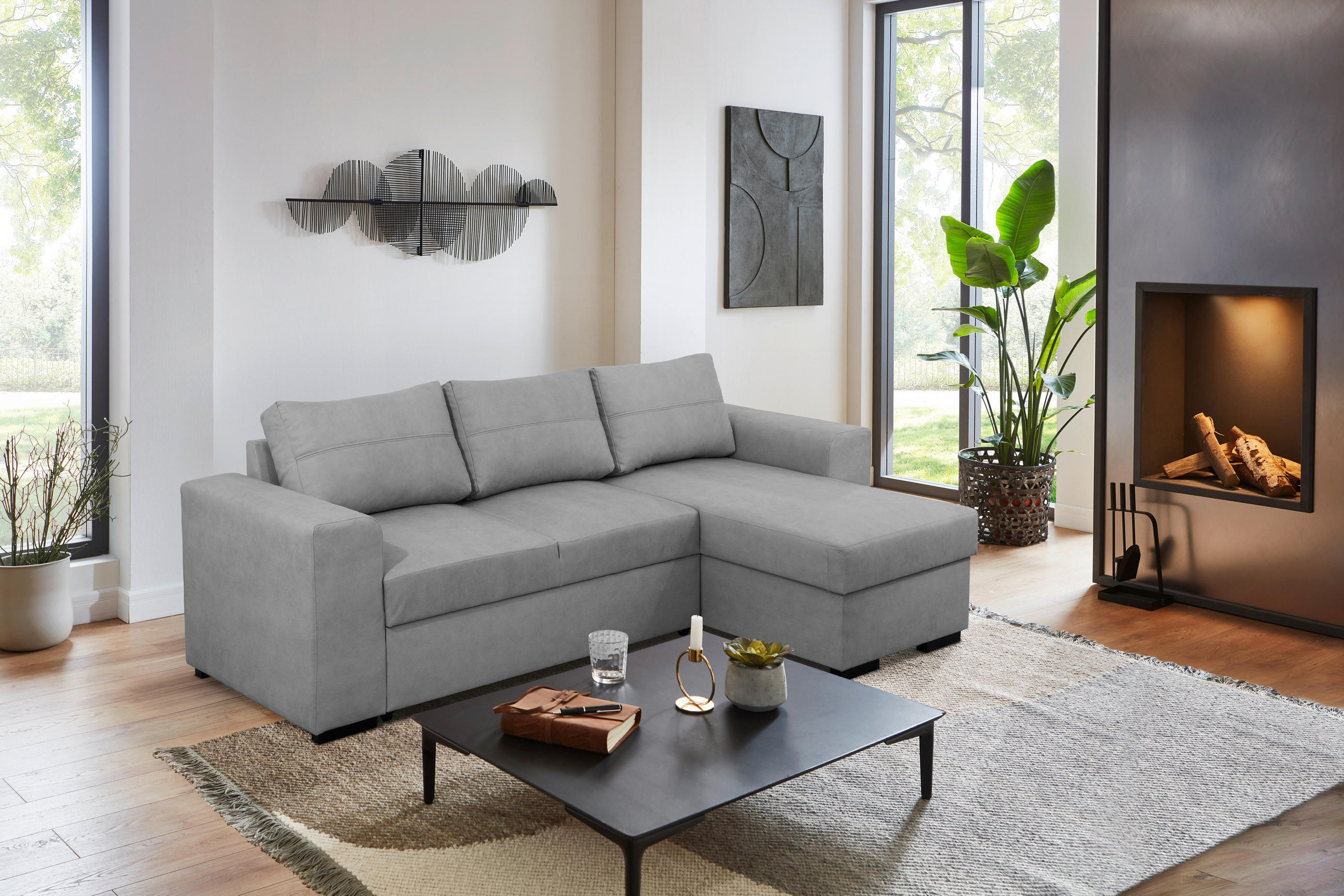 ECKSOFA in Webstoff Hellgrau  - Hellgrau/Schwarz, KONVENTIONELL, Kunststoff/Textil (243/155cm) - Carryhome