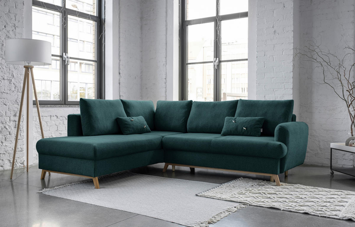ECKSOFA in Chenille Türkis  - Türkis/Naturfarben, Holz/Textil (202/242cm) - MID.YOU