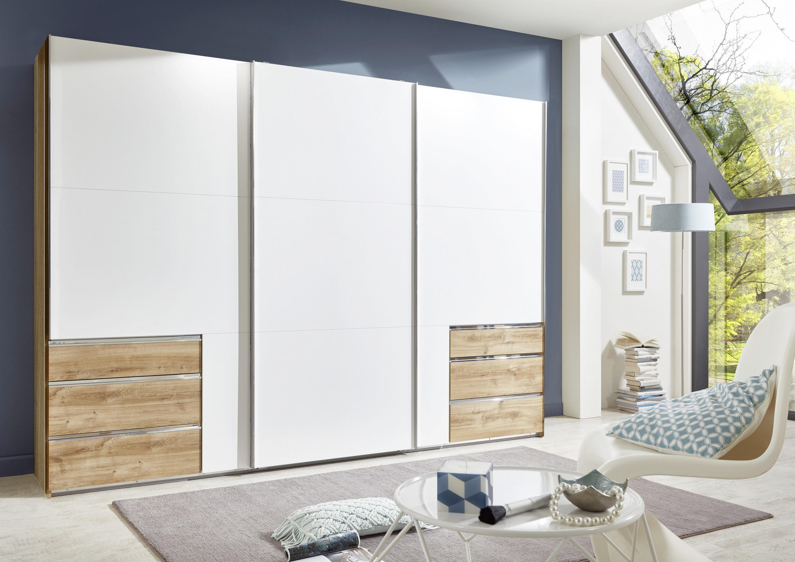 SCHWEBETÜRENSCHRANK 300/216/65 cm 3-türig Weiß, Eichefarben  - Chromfarben/Eichefarben, MODERN, Holzwerkstoff/Metall (300/216/65cm) - MID.YOU