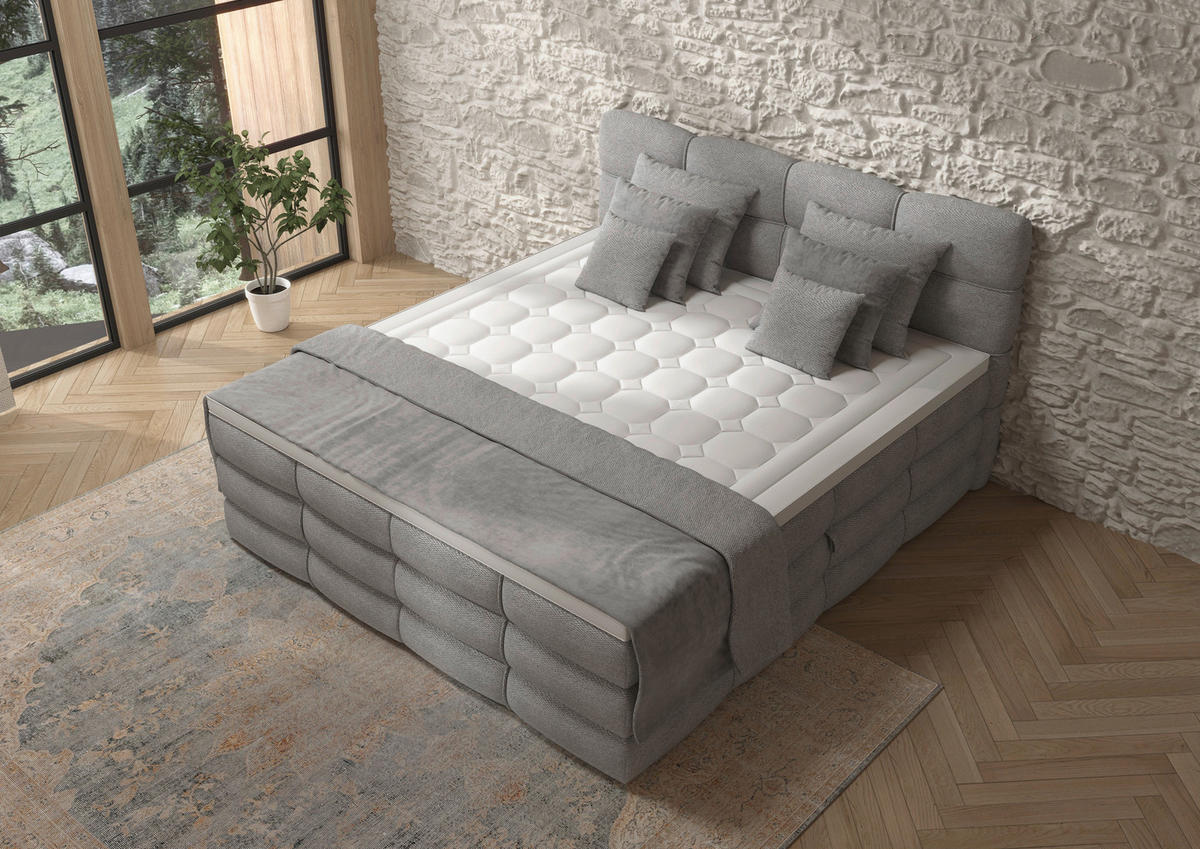 BOXSPRINGBETT 160/200 cm,  in Grau, gepolstertes Kopfteil, Bettkasten, Topper, Matratzen, H3 + H3 = fest  - Schwarz/Grau, Design, Kunststoff/Textil (160/200cm) - Chameo