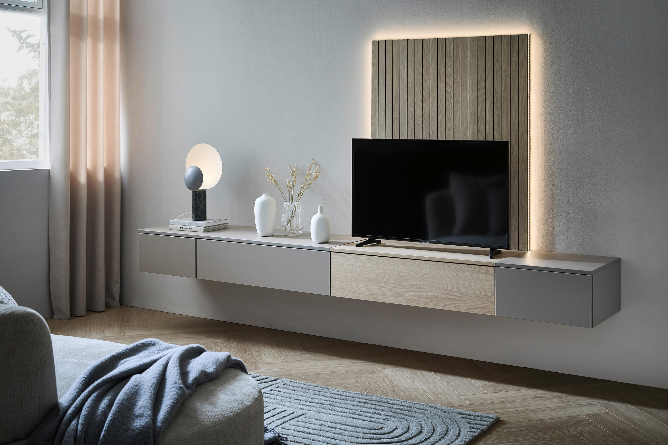 WOHNWAND  in Grau, Eichefarben  300/144/45 cm  - Eichefarben/Grau, Design, Holzwerkstoff (300/144/45cm) - Moderano